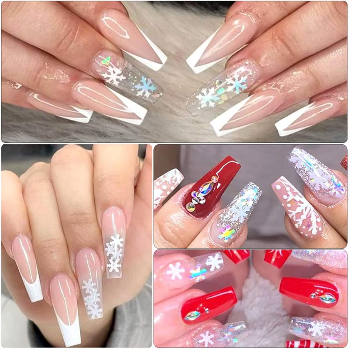 6 Grids Snowflake Nail Art Stickers Decals 3D Glitter Sequins Holographic Laser White Gold Silver Christmas Nail Art Flakes Winter Xmas Snow Glitter