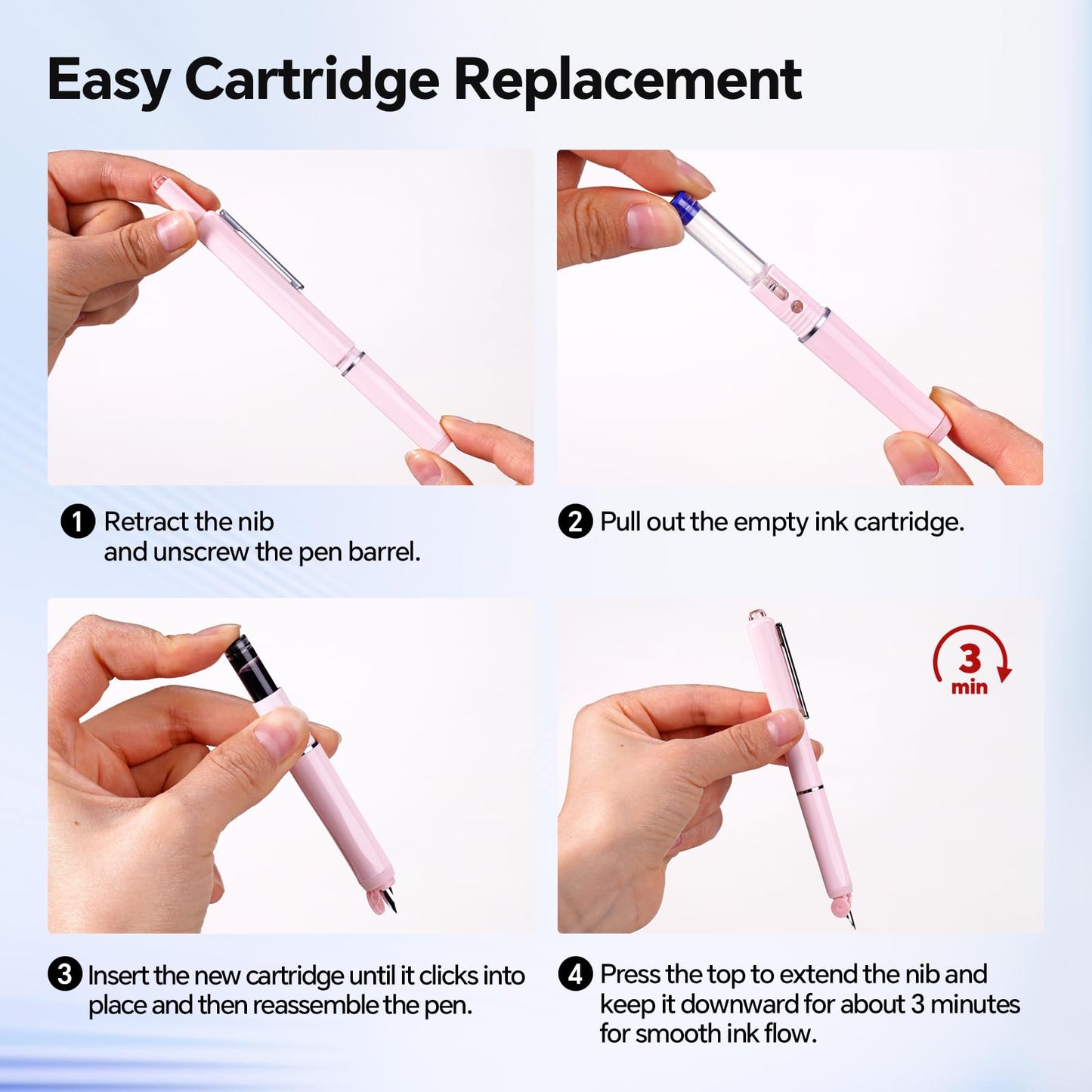 WRITECH Retractable Fountain Pen Set: Black Ink Fine Nib, 5 Refillable Ink Cartridges Included, No Leaking Smooth Writing for Calligraphy Journaling Gift (Pink)
