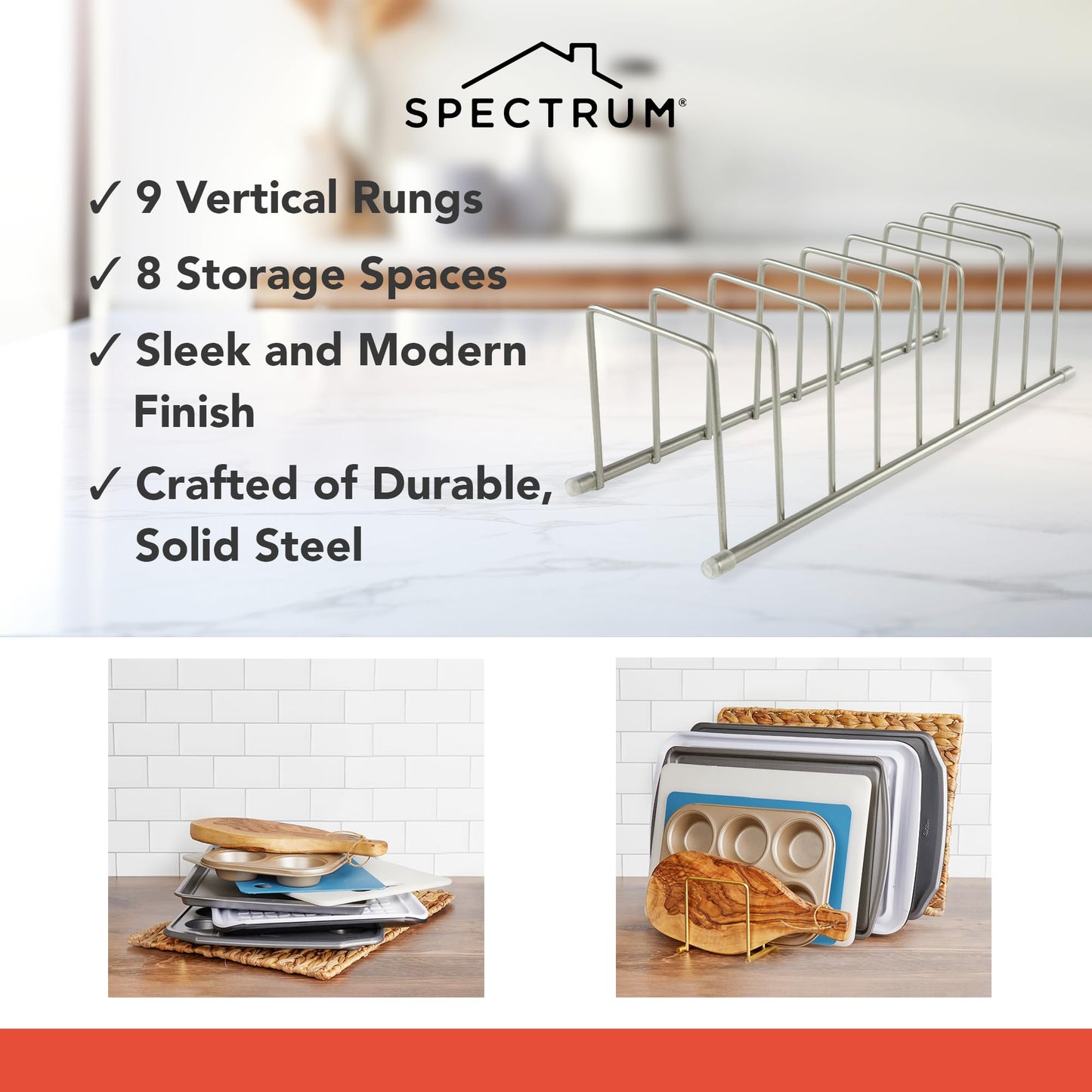 Spectrum Euro Kitchen Organizer Metal Dish Rack Cutting Board Holder Stand for Countertop or Inside Cabinet Organization, 8 Slot Cutting Board Plate Drying Rack for Bakeware Storage, Satin Nickel