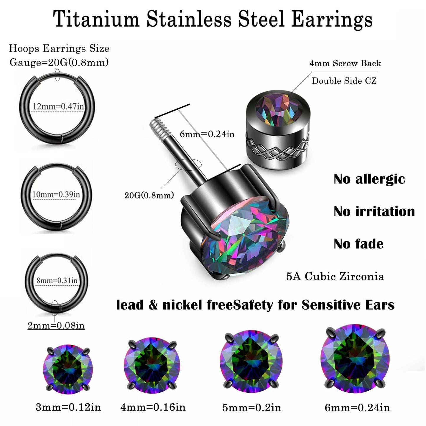 ZQGOFPT 7 Pairs 𝐓𝐢𝐭𝐚𝐧𝐢𝐮𝐦 𝐒𝐜𝐫𝐞𝐰 𝐁𝐚𝐜𝐤 Earrings for Women Men, 𝐒𝐮𝐫𝐠𝐢𝐜𝐚𝐥 Stainless 𝐒𝐭𝐞𝐞𝐥 Hoop Huggie 𝐄𝐚𝐫𝐫𝐢𝐧𝐠𝐬 Rainbow 5A 𝐂𝐮𝐛𝐢𝐜 𝐙𝐢𝐫𝐜𝐨𝐧𝐢𝐚 Stud Earrings Set Multiple Cartilage 𝐏𝐢𝐞𝐫𝐜𝐢𝐧𝐠 Sleeper Jewelry for