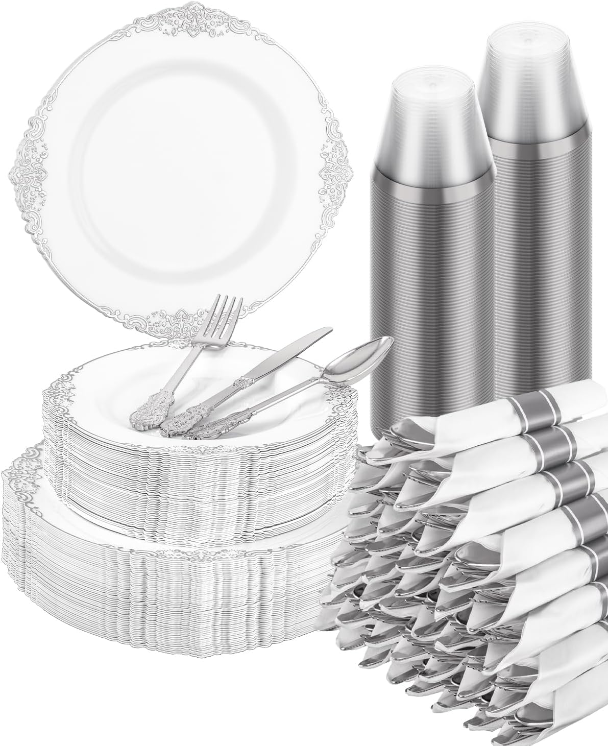 Goodluck 350 Piece Silver Plastic Dinnerware Set for 50 Guests, Fancy Disposable Plates, Include: 100 Silver Rim Plastic Plates, 150 Silverwares, 50 Pre Rolled Napkins, 50 Cups for Party, Wedding