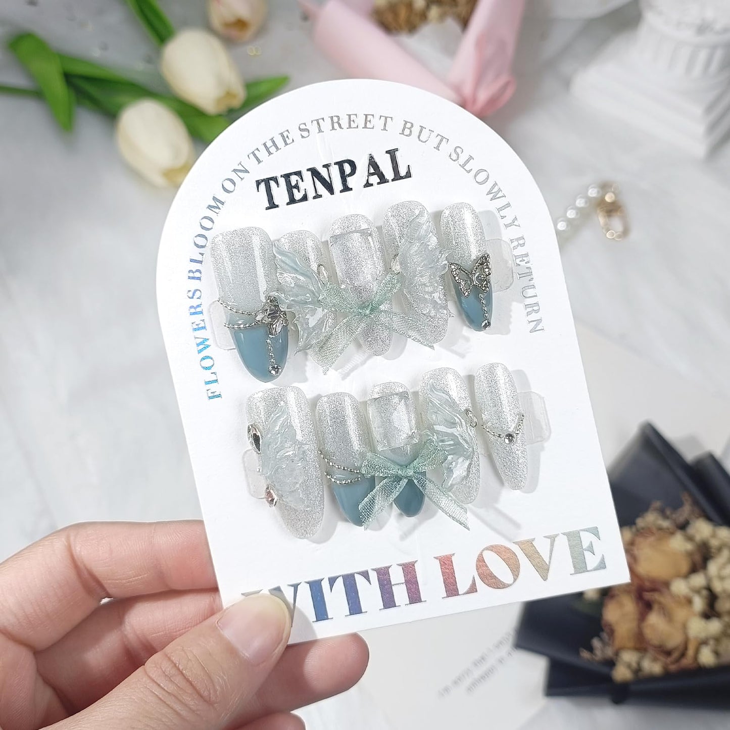 TENPAL French Tip Press on Nails Medium Almond Jade Green Butterfly Designs Fake Nails With Smoothie Cat Eye Handmade Acrylic False Nails Press Ons 10pcs/Box Ballet Nails For Women Spring Summer(S)