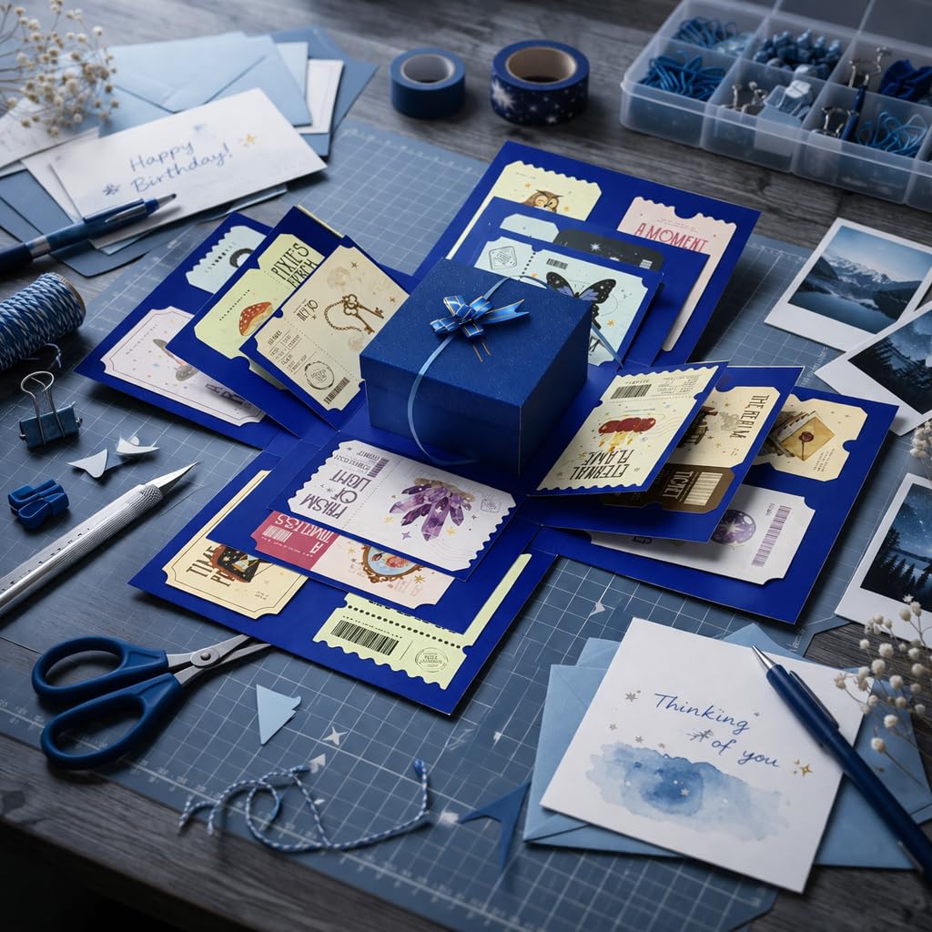 4-Layer Explosion Gift Box, 10''x10''x7'' Blue Glittery Creative Gift Boxes for Presents, DIY Surprise Gift Box Explosion for Birthday Valentine's Day Mother's Day and Anniversaries (Dark Blue)