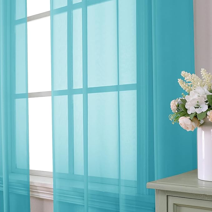 Aiyufeng Turquoise Sheer Curtains 54 Inch Length 2 Panels Set, Light Filtering Airy Rod Pocket Turquoise Window Curtain Treatment Drapes for Kitchen Bedroom Living, Each 42Wx54L Inches