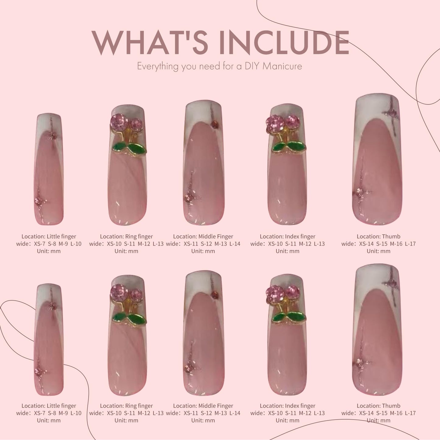 Pinktlicious Pink French Tip Press On Nails - Long Coffin Reusable False Nails with Cherry Rhinestones, Glue-On Artificial Nails for Women’s Daily & Party Manicure (L)