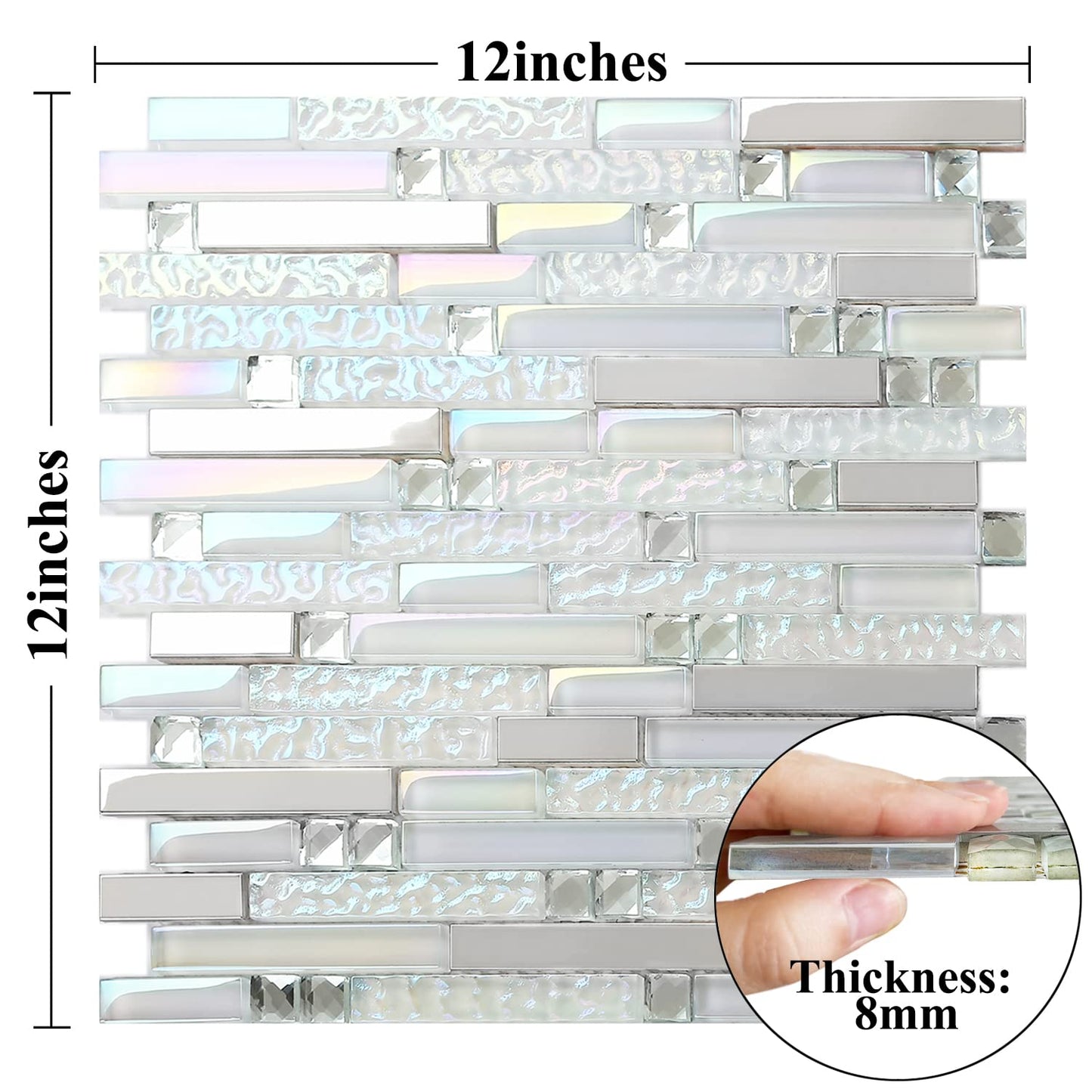 Blujellyfish Glass Metal Tile Iridescent White Glass Silver Mirror Stainless Steel Blends Interlocking Strip Wall Tiles TSTNB01 (Pack of 5 Sheets)