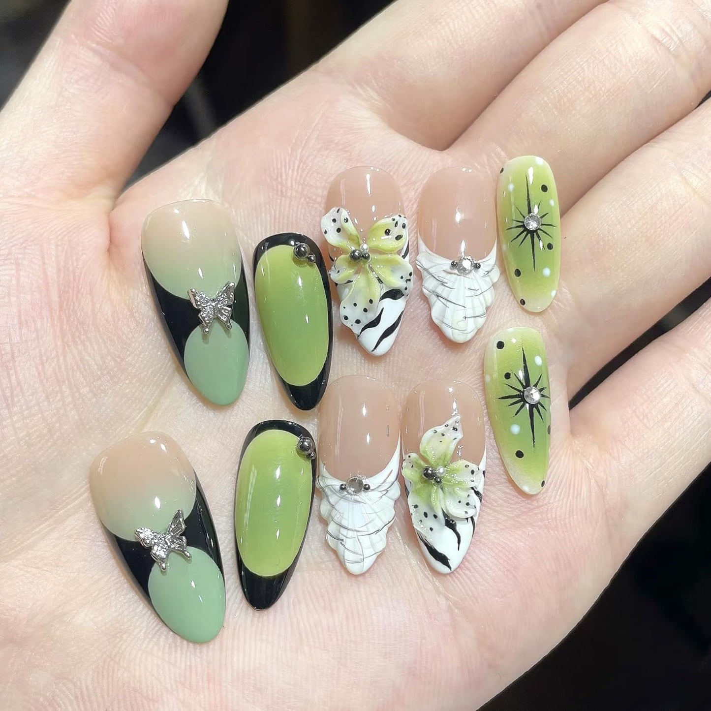 30Pcs Green Press on Nails Almond Medium Fake Nails with 3D Rhinestone Design Stick on Nails Flower Butterfly False Nails Spring Summer Acrylic Nails French Tip Handmade Nail Art Kit for Women