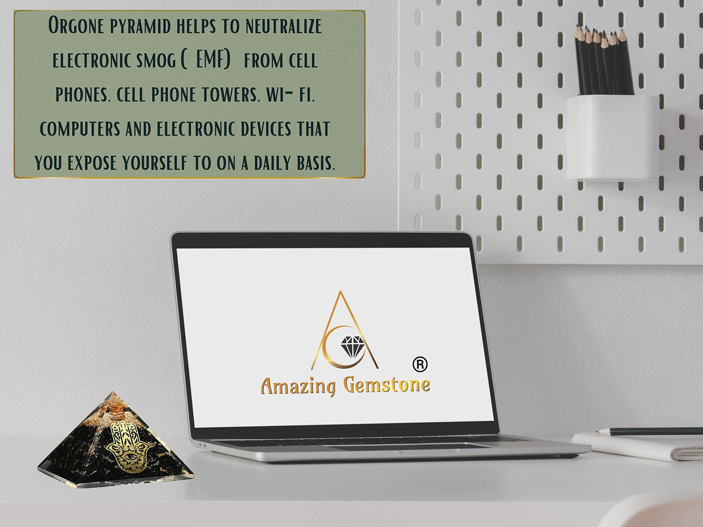 Amazing Gemstone Large Black Tourmaline Orgone Pyramid Crystal, Hamsa Hand Evil Eye Orgonite Pyramid, Positive Energy Healing