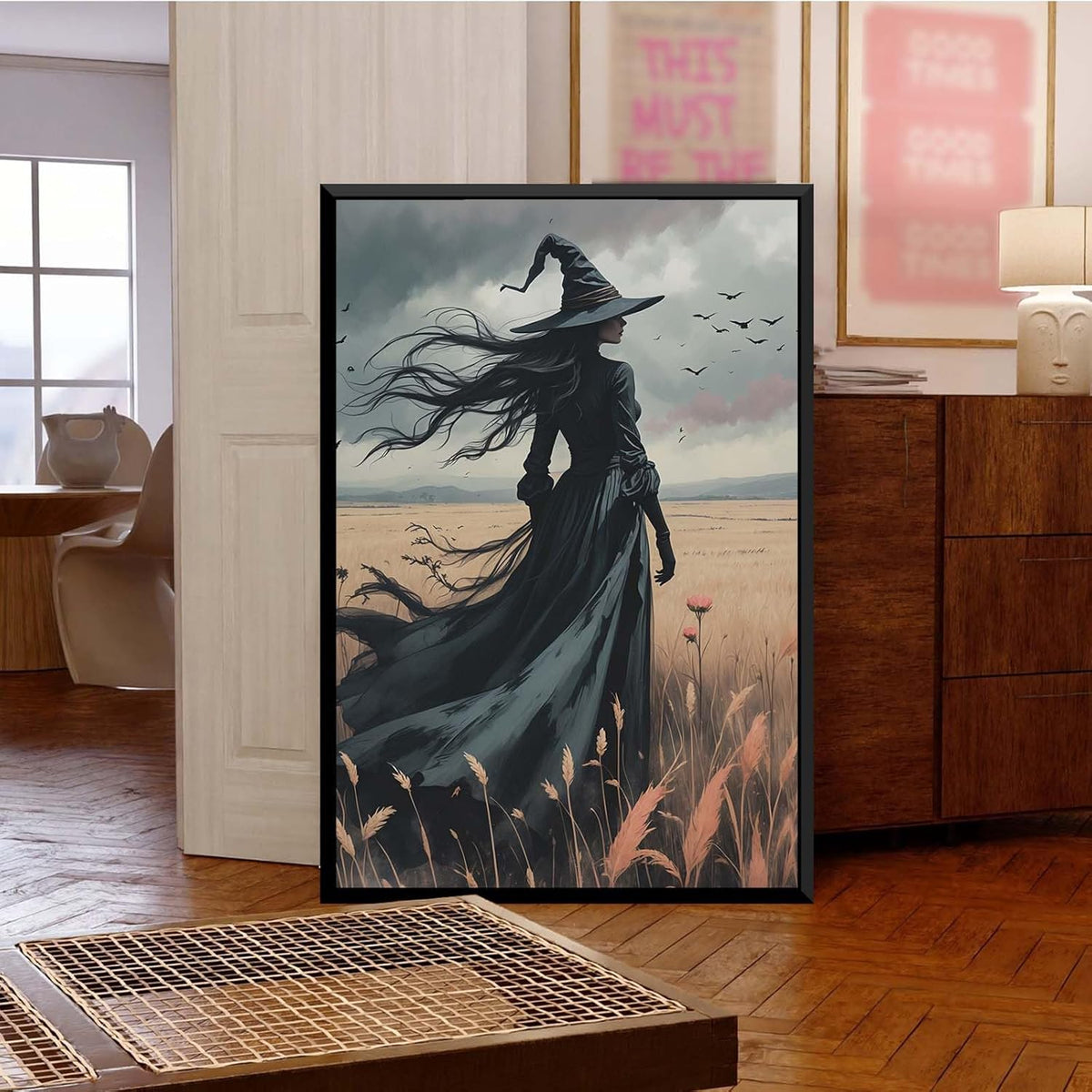JFHCQJPK Gothic Decor Canvas Wall Art Witch in Rice Field Halloween Art Decor Print Nature Print Victorian Home Bedroom12x16in Metal blackFramed