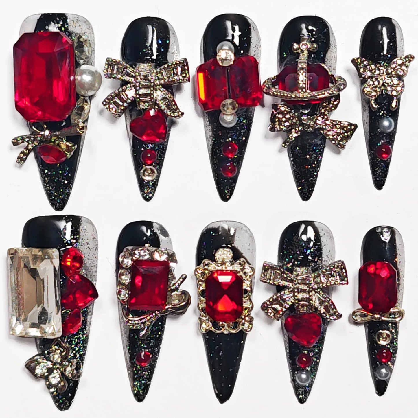 Handmade Press On Nails Stiletto, Black press on nails Long, Goth Red Rhinestone Glitter Nails For Women Gift, Reusable Stick On Fake Nails Kit With Nail Glue (Goth Charm, L)