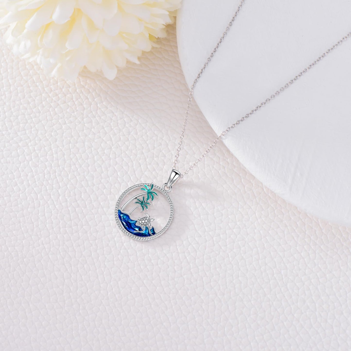 PROESS Sea Turtle Necklace Sterling Silver Palm Tree Pendant Necklace Ocean Wave Jewelry For Women Turtle Lovers
