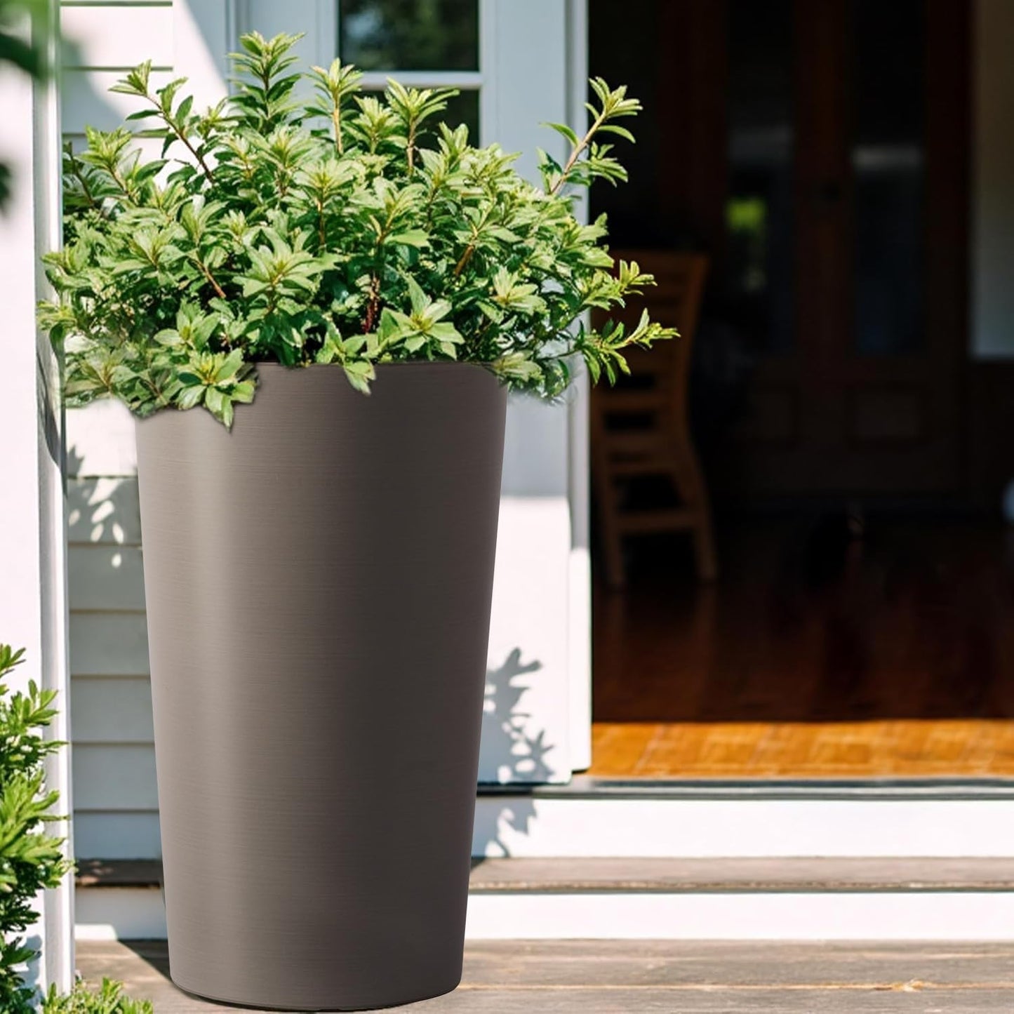 GDFStudio 21.7" Tall Planters Set of 2, Large Planter Pots with Drainage Holes, UV and Crack Resistant, Modern Matte Finish for Indoor Outdoor Balcony Patio Garden, Brown