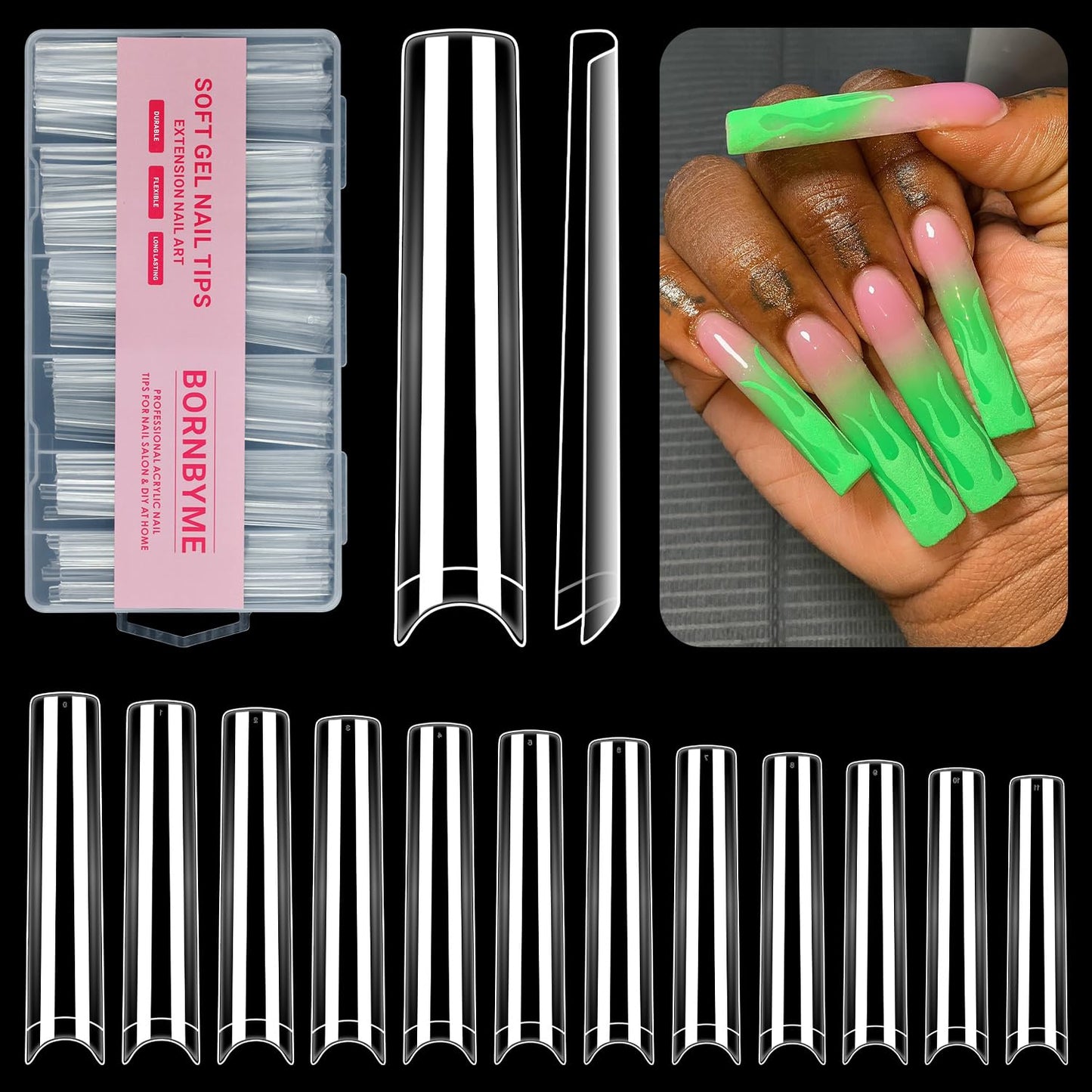 XXXL Half Nail Tips,BORNBYME No C Half Square Nail Tip Long Clear Nail Tips for Acrylic Nail Extension