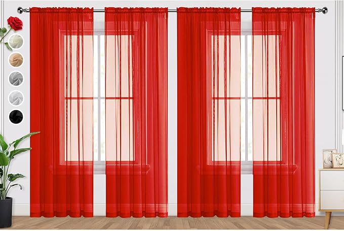 SpaceDresser Sheer Red Curtains 4 Panels Rod Pocket Semi-Sheer Curtain 45 Inches Long Light Filtering Voile Window Drapes for Bedroom Living Room Kitchen, Each 52W x 45L
