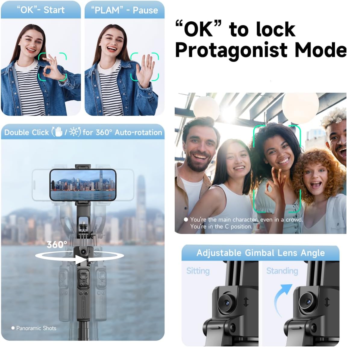 Auto Face Tracking Tripod 360° Rotation with Stand,Smart Gesture Control Travel Selfie Stick for Content Creator Tiktok YouTube Vlog Video Live Streaming