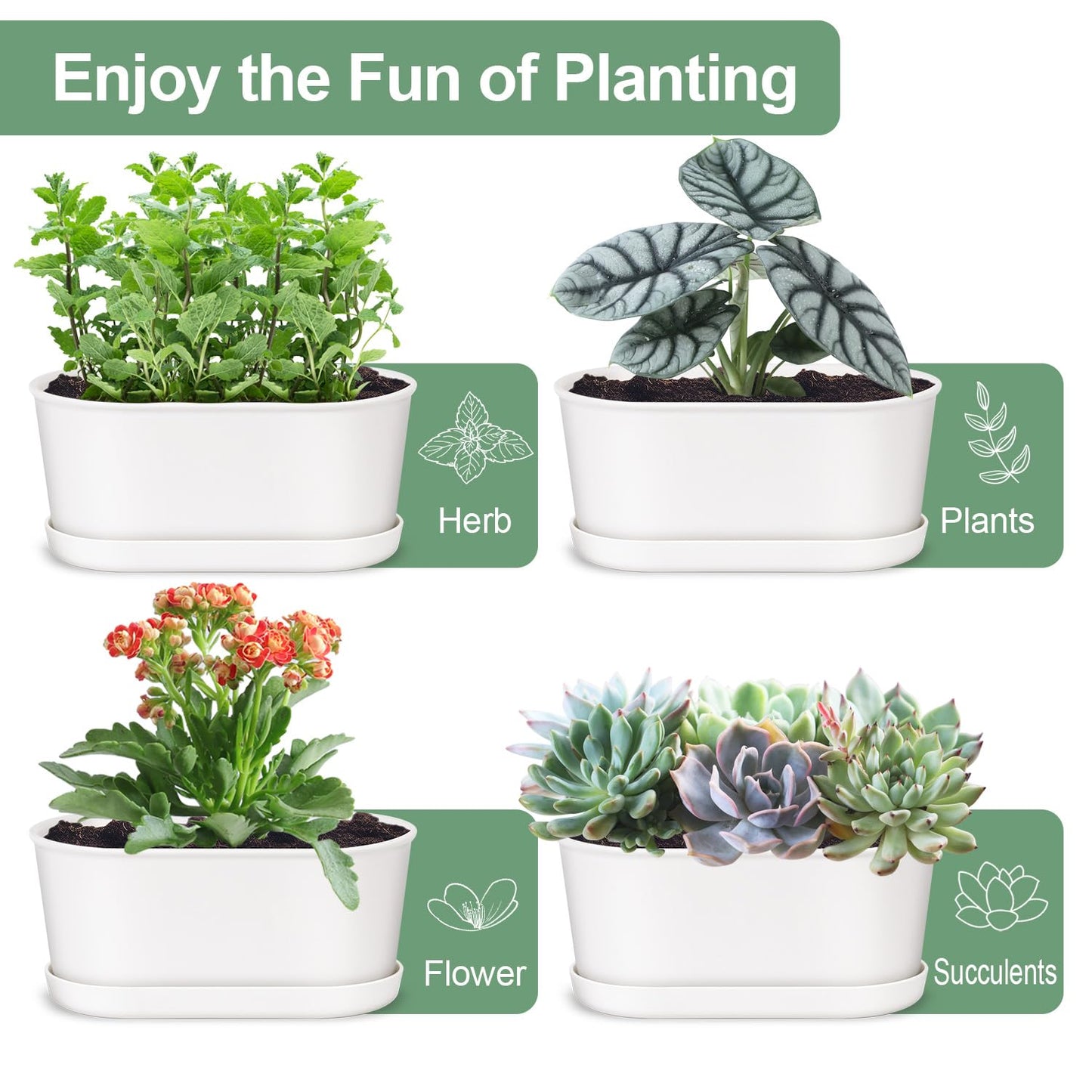Oliz Set of 4 White Oval Window Sill Planters with Drainage Holes and Trays（7 Inch） for Herbs Basil Orchids Succulents, Modern Herb Garden Planter for Indoor/Outdoor Plants
