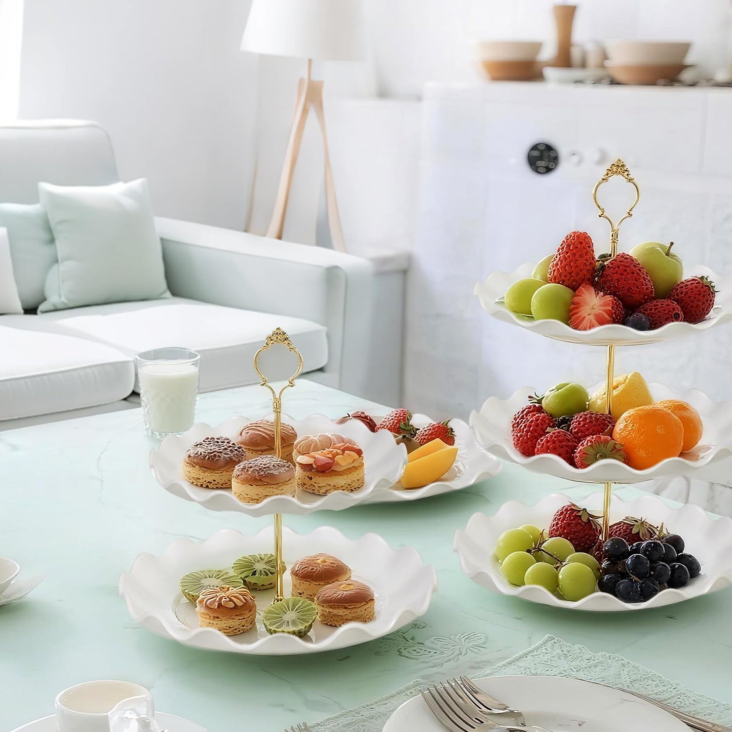 Wgbon 5 Pack Dessert Table Display Set, 2 Sets 3 Tier Cupcake Stand, 3 Pcs Food Serving Trays, Tiered White Plastic Cup Cake Tower for Birthday Baby Shower Wedding and Tea Party Supplies (5, Large)
