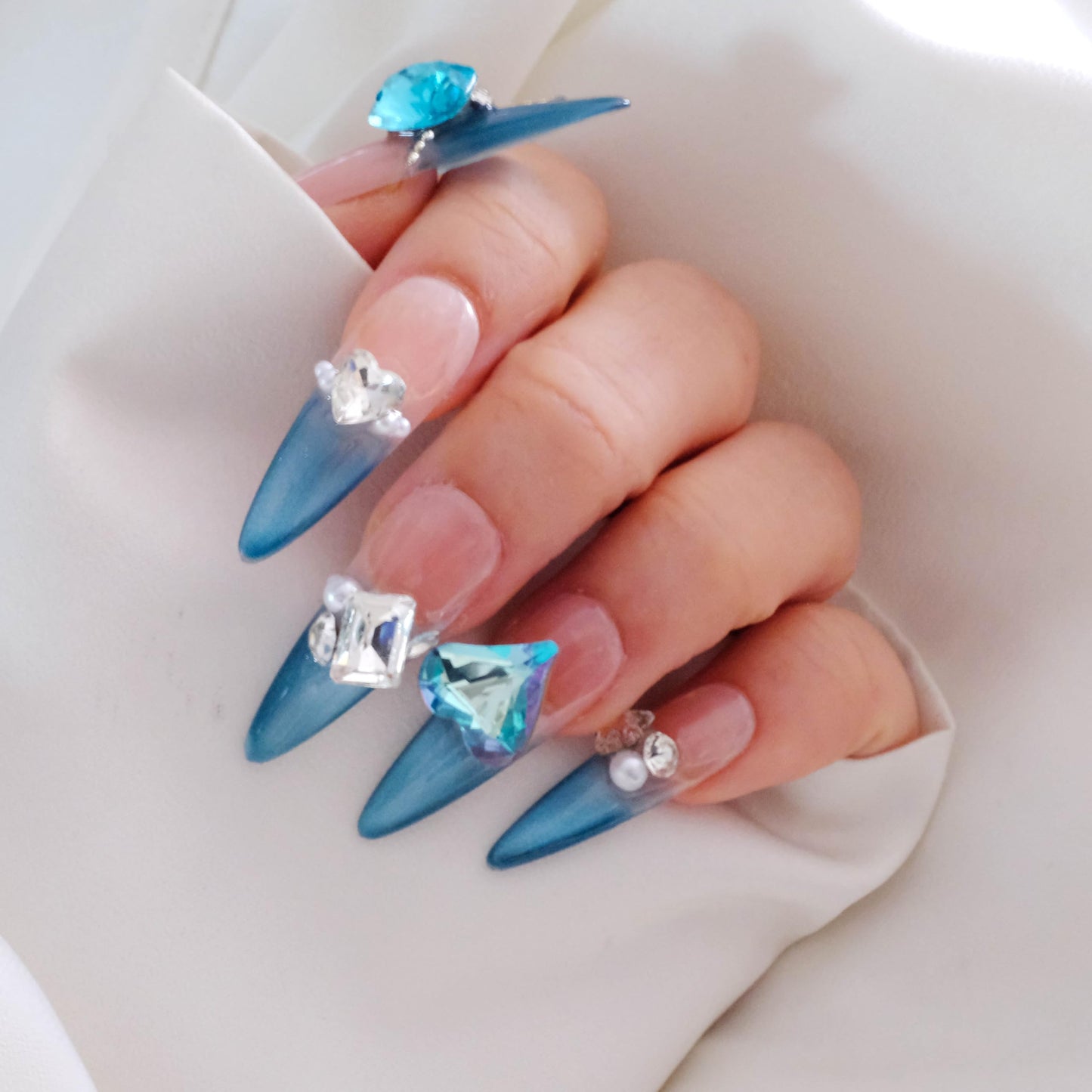 GLORS Luxury Long Stiletto Press-On Nails, Turquoise Blue Stiletto with 3D Crystals and Pearls, Handmade False Nail 10 Pieces (Small, LS)