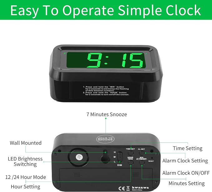 KWANWA 1.2 Inch Small Digital Alarm Clock, Green LED Display with Adjustable Brightness & Night Mode, Battery Operated Portable Desk Clock, for Bedroom, Travel, Kids, Wall Mount (Snooze, 12/24H)