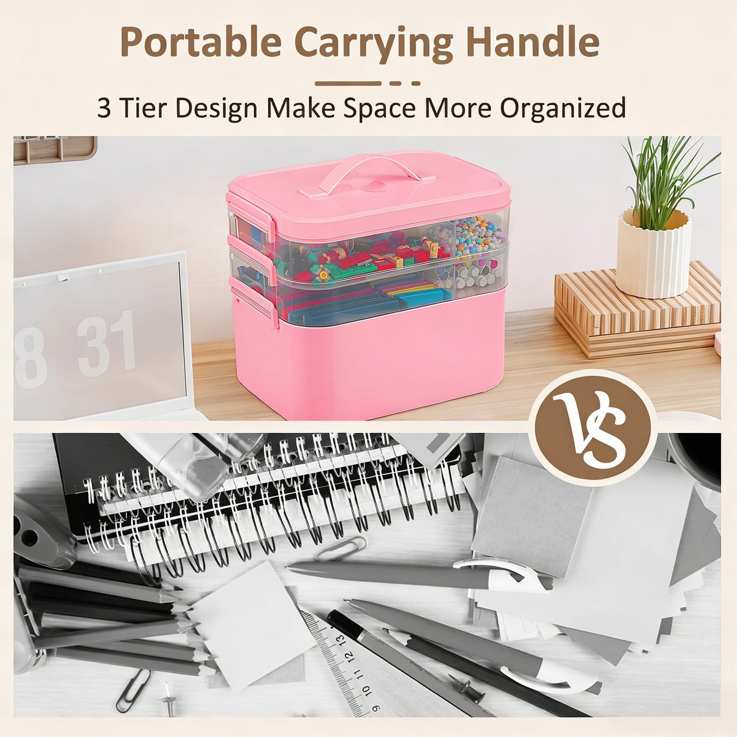 Gifhomfix 3-Layer Plastic Craft Organizers and Storage Box with Removable Trays, Storage Containers with lids and Handle, Art Supply Storage Organizer for Bead, Ornament, Nail Polish, Tape（Pink）