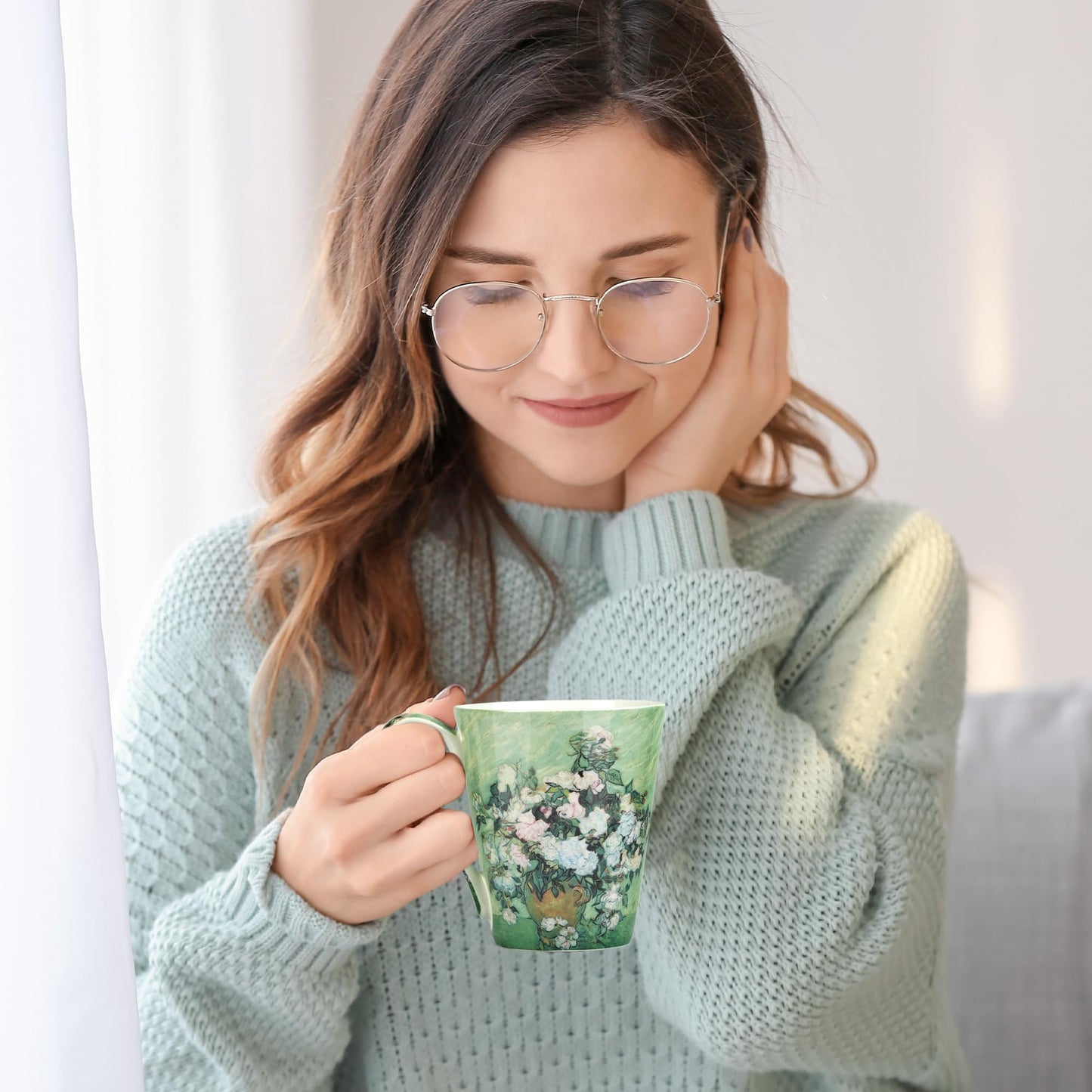 AOTELIDA Coffee Mug Sets of 4, 12oz Bone China Porcelain Cups with Art Print Large Handle Dishwasher Microwave safe for Tea Cocoa or Hot Chocolate
