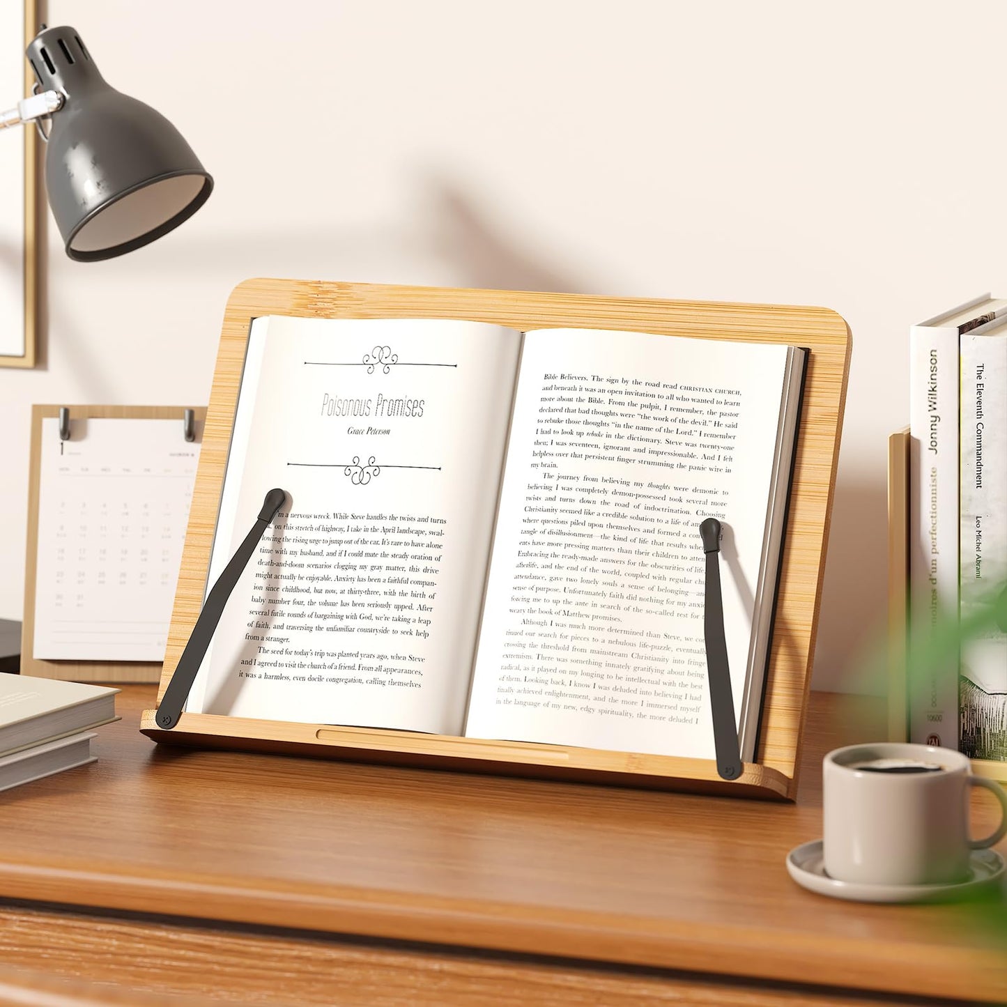 Bamboo Book Stand, Adjustable Reading Holder with Page Clips, Portable Lightweight Desk Stand for Textbooks, Cookbooks (Small)