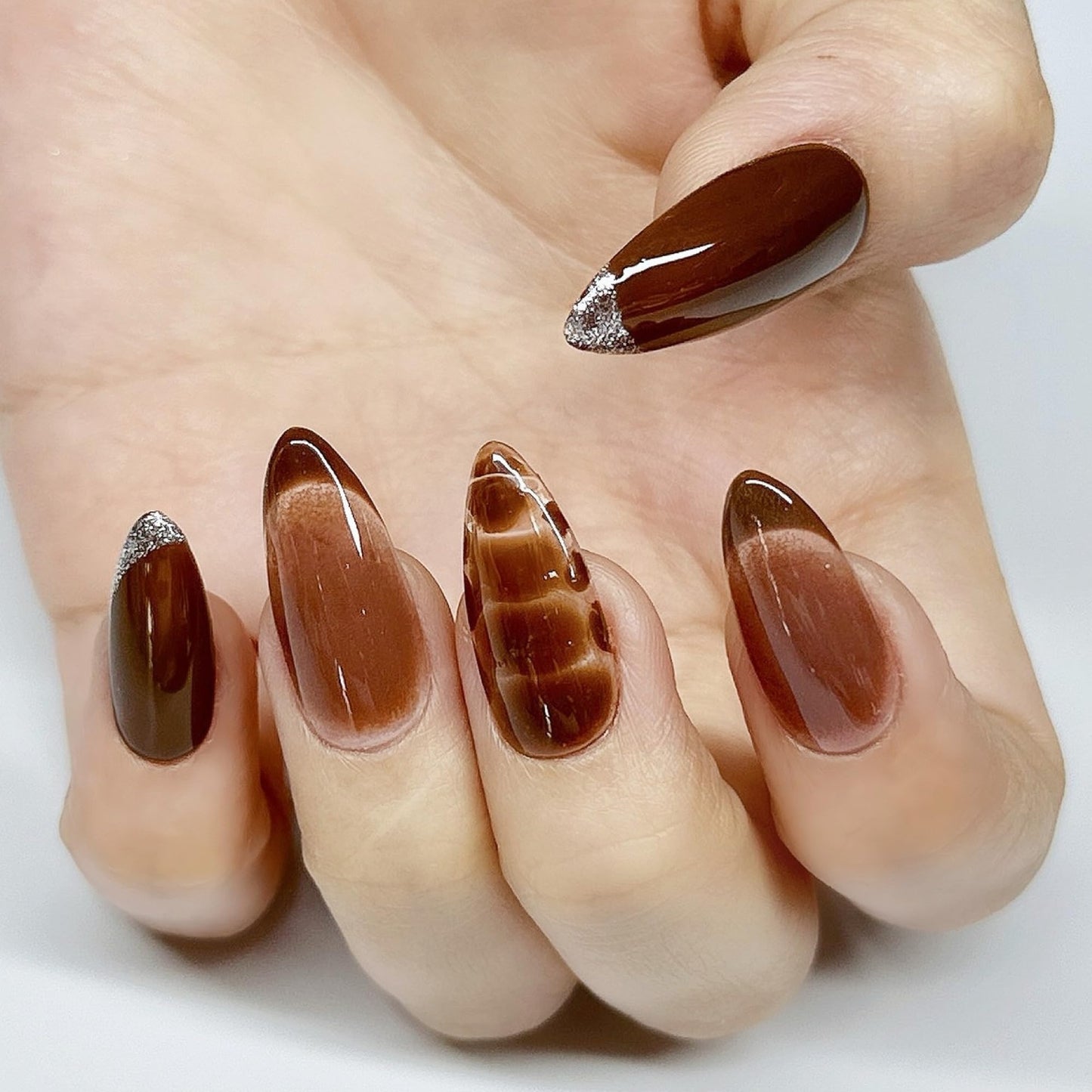 Sunruby Press On Nails Medium Almond Brown Cafe with Silver Glitter French Tip & More| Reusable Soft Gel Nails in 15 Sizes -30 Nail Kit with Glue | Designed in L.A, Handmade in Vietnam | Espresso Chic
