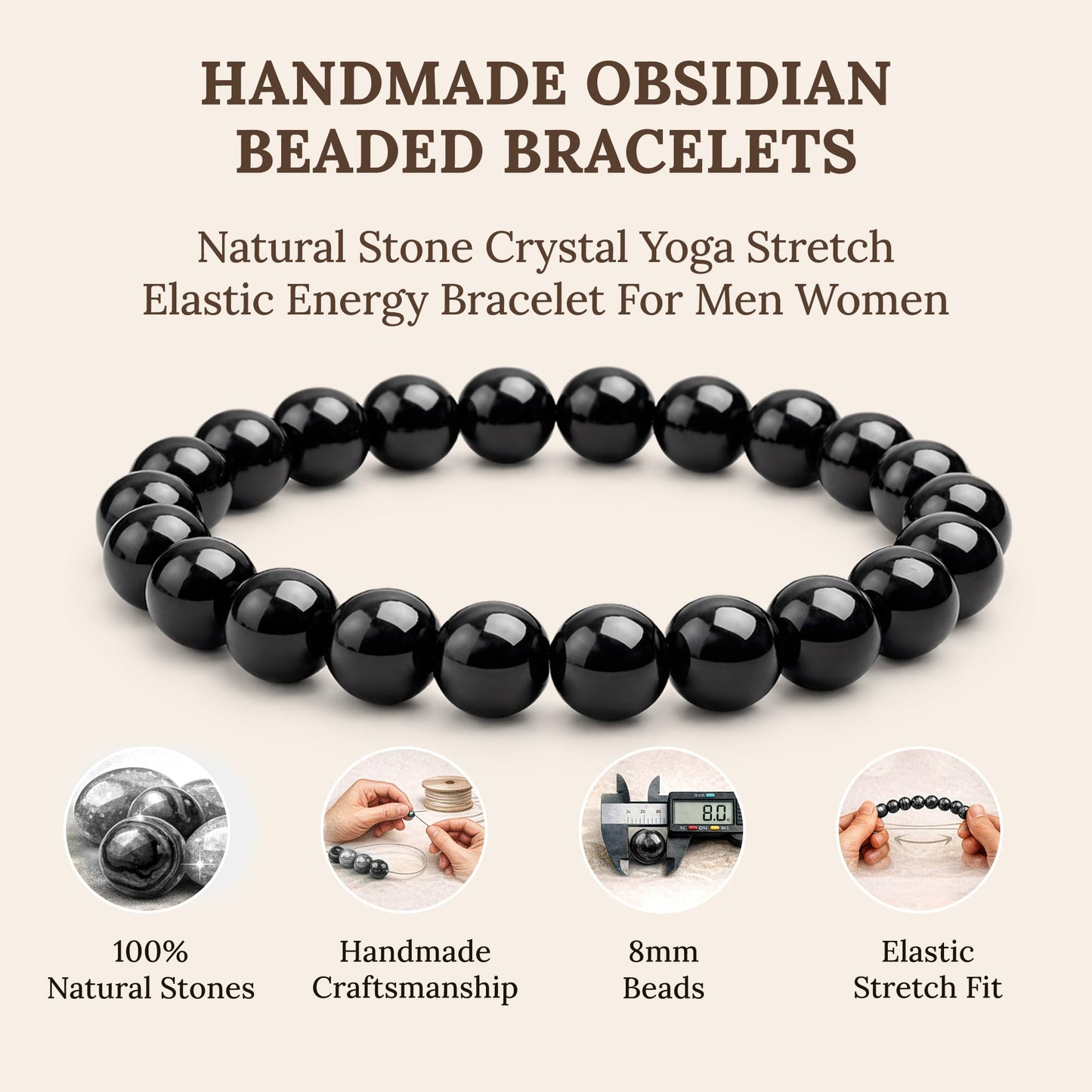 Elm City Direct 8mm Natural Stone Beaded Bracelet – Unisex Crystal Stretch Bracelets for Men & Women, Chakra & Healing Jewelry, Gift-Ready Beaded Bracelets (Obsidian, 8mm)