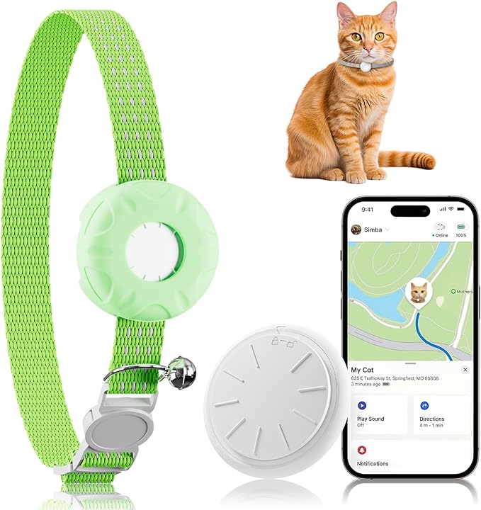 ZFSJTAG Cat Tracker, Lightweight Pet Tracker for Cats, Cat GPS Tracker Compatible with Apple Find My App(Only iOS), Real-Time Tracking, No Monthly Fee, Green