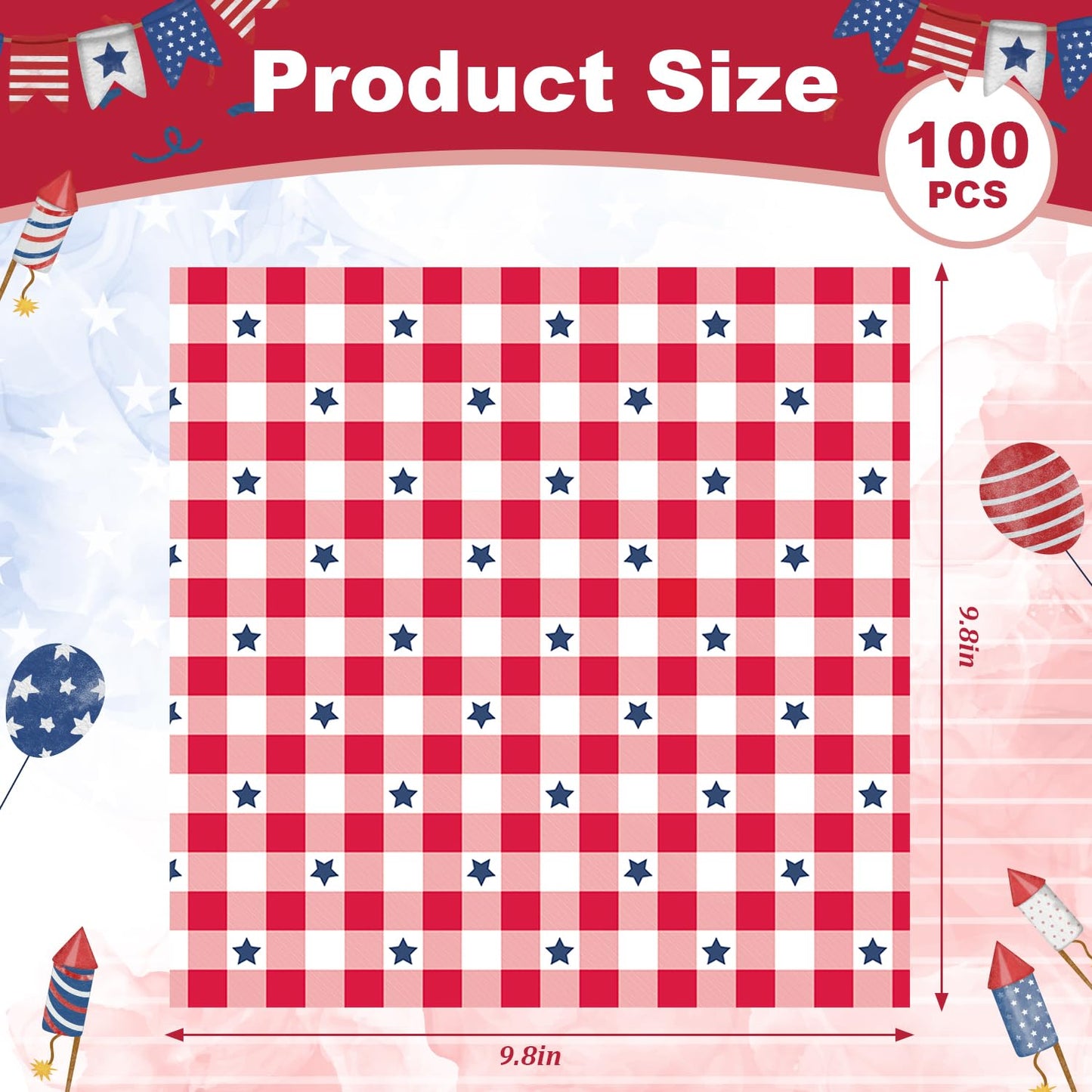 100 Pcs Patriotic Wax Paper for Food, 4th of July Red Plaid Blue Stars Parchment Decorative Oil-Proof Wrapping Basket Liners for Kitchen Party Supplies Cookie Box Dessert Deli Sandwich,9.8 x 9.8 Inch