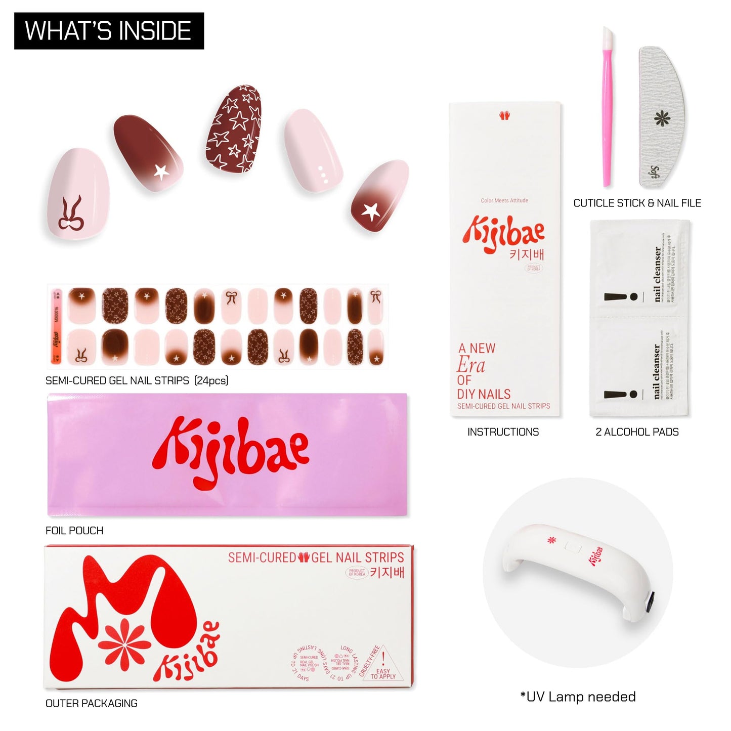 Kijibae Semi Cured Gel Polish Strips | 24pc UV LED Required Wraps | Gift Peel and Stick Nails | Coquette DIY Home Manicure | Press On Alternative (Star Girl)