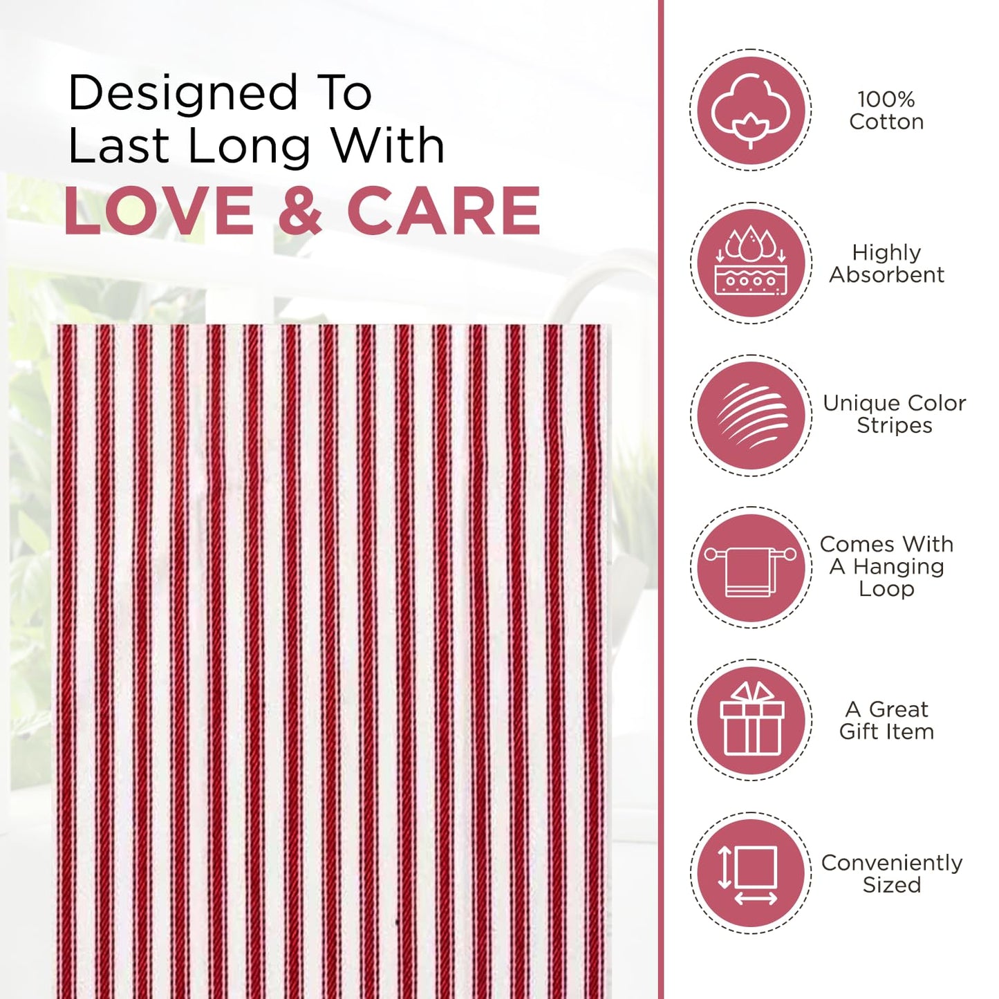 Candy Cottons Stripe Kitchen Dish Towels With Hanging Loop - Boho Absorbent Festive Gift Set of 6 - Reusable 18x28 Inch Pantry Decor - Trendy Spring French Red