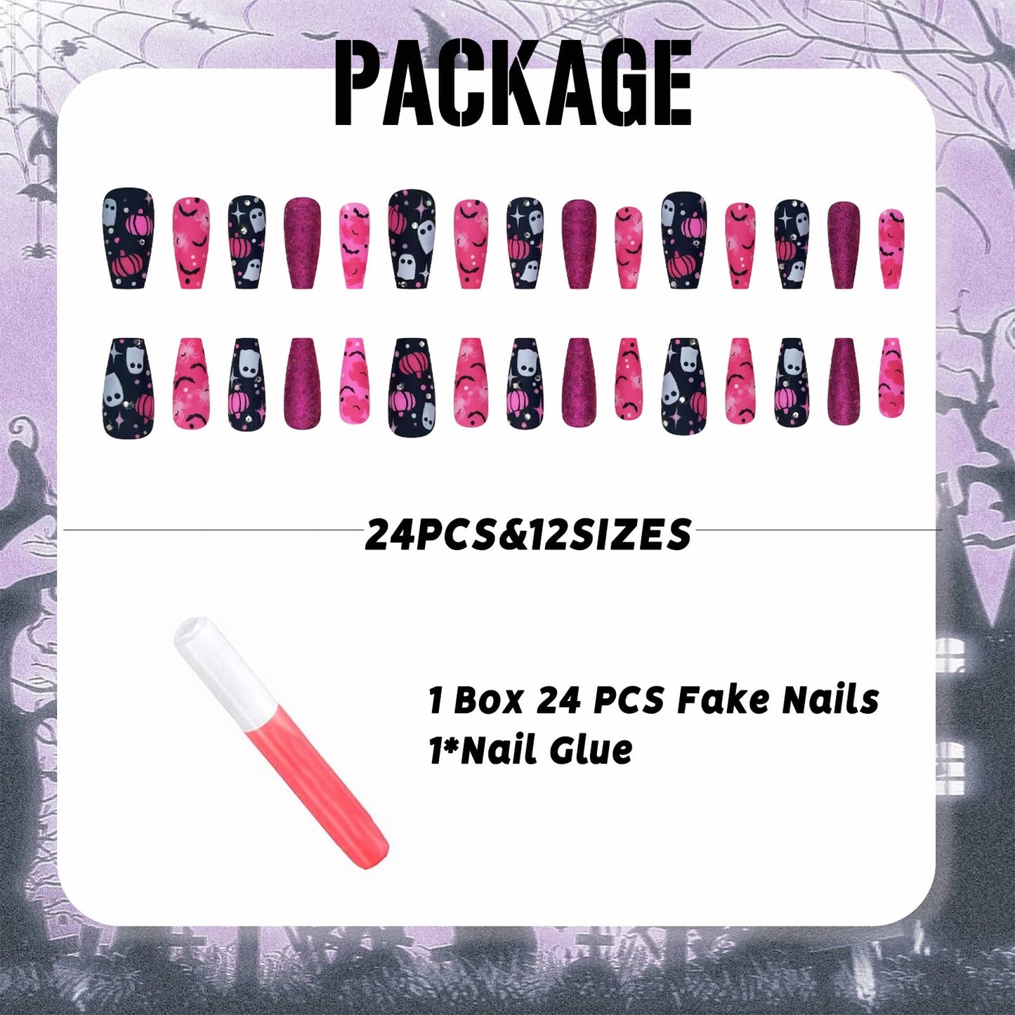 IMSOHOT Press on Nails - Pink Black, Long Coffin Fake Nails with Ghost, Bat, Spider Designs Full Cover Glue on Nails Cute Glitter Ballerina False Nails for Women Nail Decoration