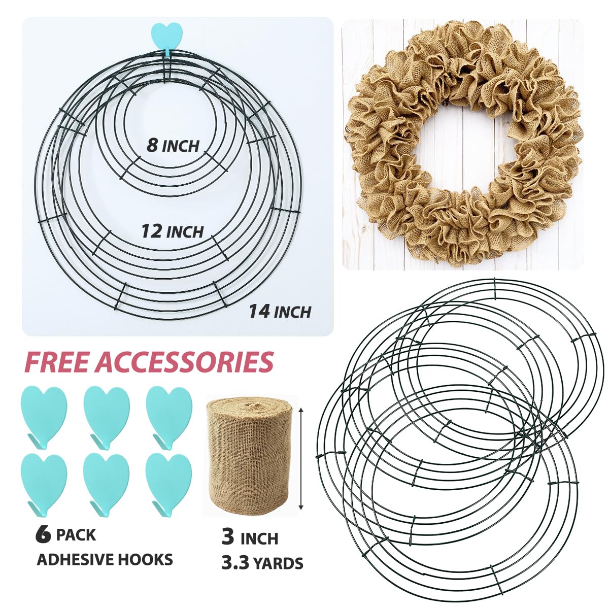 UltraOutlet 6 Pack 14 Inch Metal Wreath Frame Wreath Ring for Crafts with 6 Adhesive Hooks and 3.3 Yard Burlap, Front Door Christmas New Year Valentines Wedding Decoration
