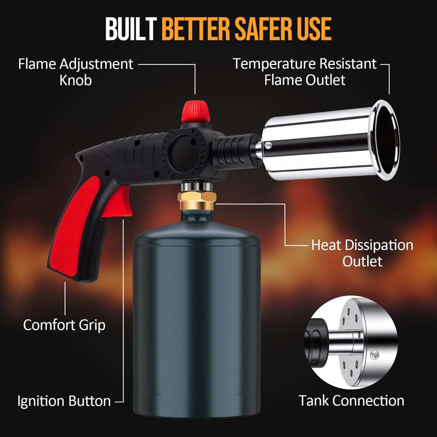 Propane Torch, Adjustable Culinary Torch for Kitchen Cooking, Sous Vide Searing, BBQ Grilling, Campfire Starter, Safety-Designed Torch Burner with Heat-Resistant Shield (Tank Not Included)