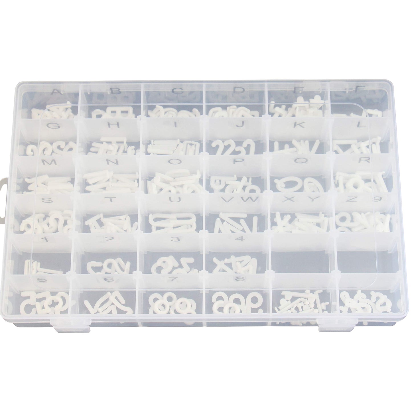 Plastic Organizer Container Box with Adjustable Dividers - 36 Compartments for Letter Board Letters - Stickers Pre Applied to Dividers