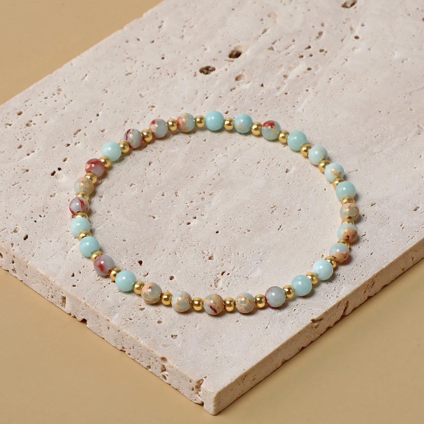 QOGIR Imperial Jasper - Stone of Success - 14K Gold Plated Beads Natural Gemstone Stretch Elastic Dainty Healing Beaded Bracelets Gifts 4mm