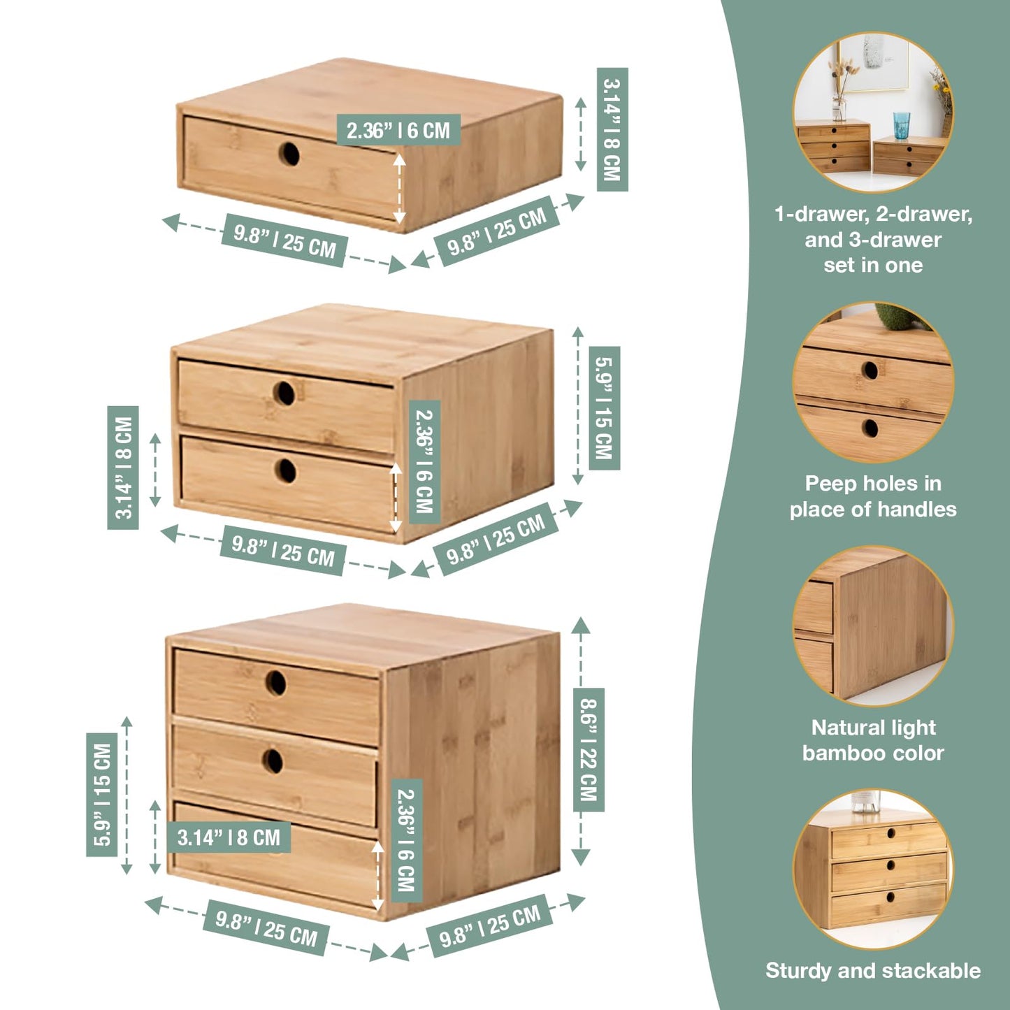 Modular Stackable Set of 3 Bamboo Organizer Desktop Drawers - 1, 2, 3 = 6 Drawers Total Storage Organizer for Desk Accessories, Office Supplies, Makeup Storage - Tabletop Wood Box Stackable Drawers