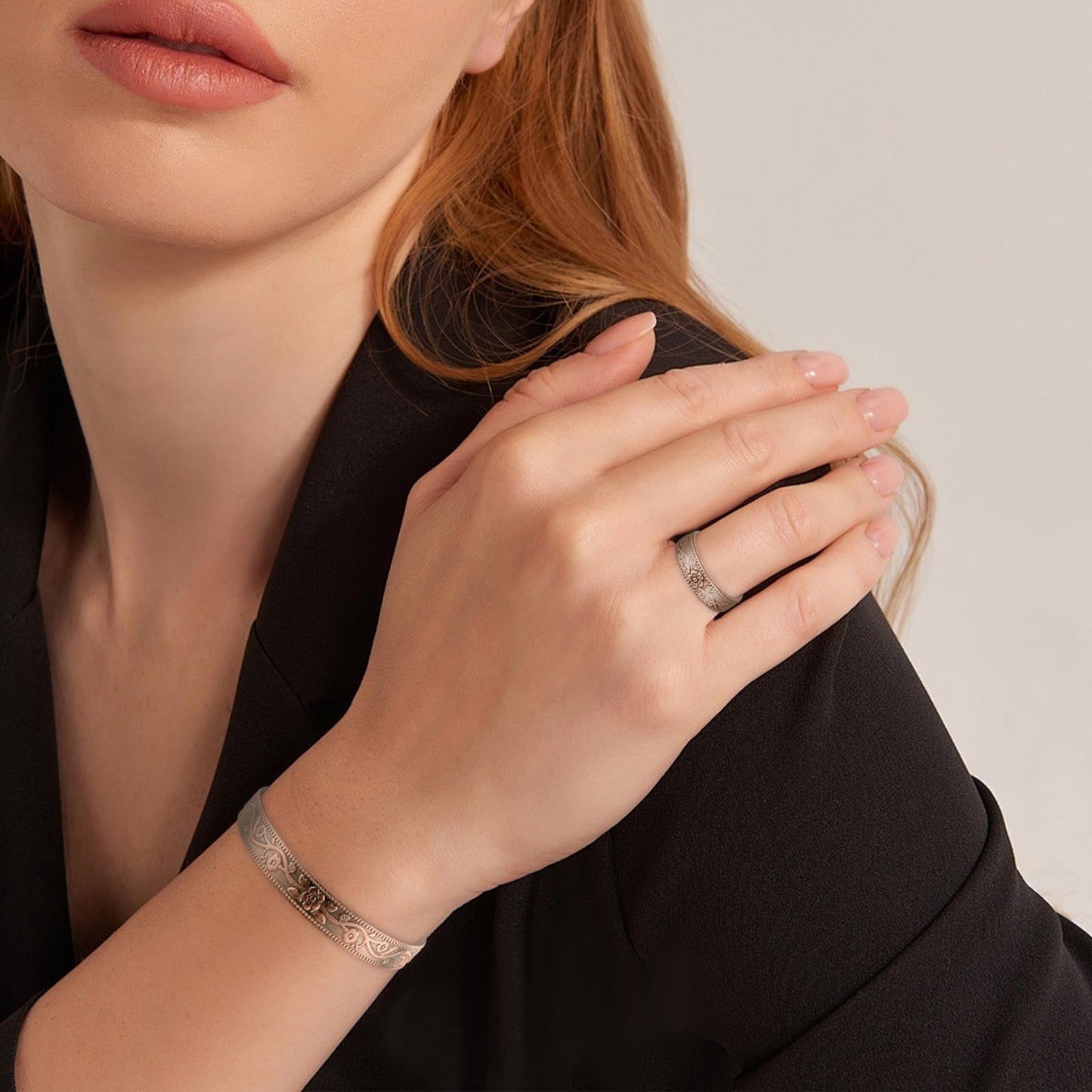 BioMag Copper Bracelet & Ring for Women, 99.99% Pure Copper Magnetic Bracelet Lymphatic Drainage Rings with 3500 Gauss Magnets, Adjustable & Flower Pattern