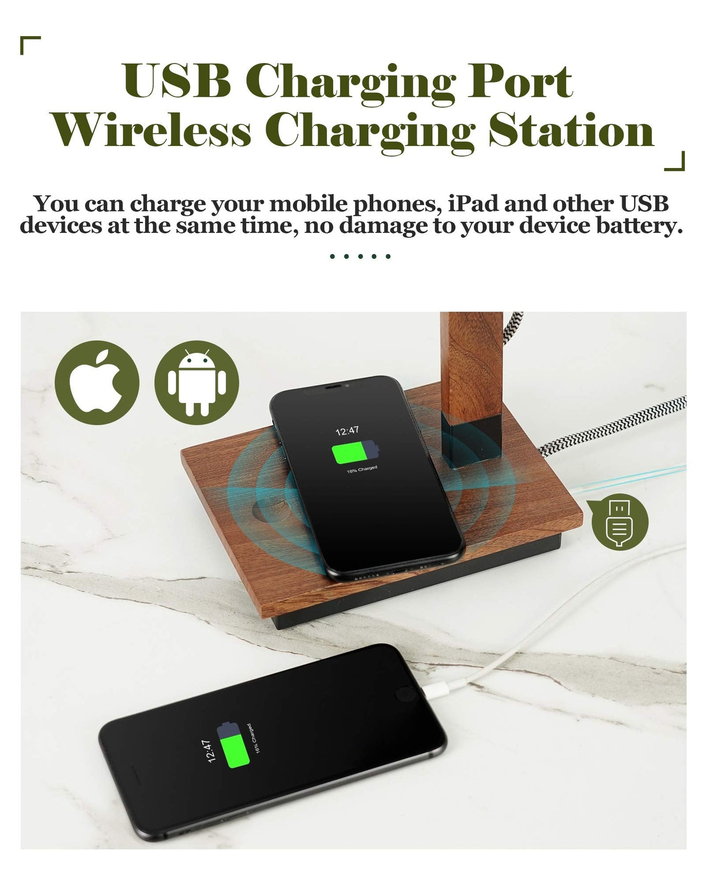 ELYONA Touch Control Desk Lamp with Wireless Charging & USB Port, Sapele Wood Reading Task Light,Adjustable, Swing Arm Table Lamp for Bedroom, Study Work, Office, Dorm, LED Bulb Included, Black