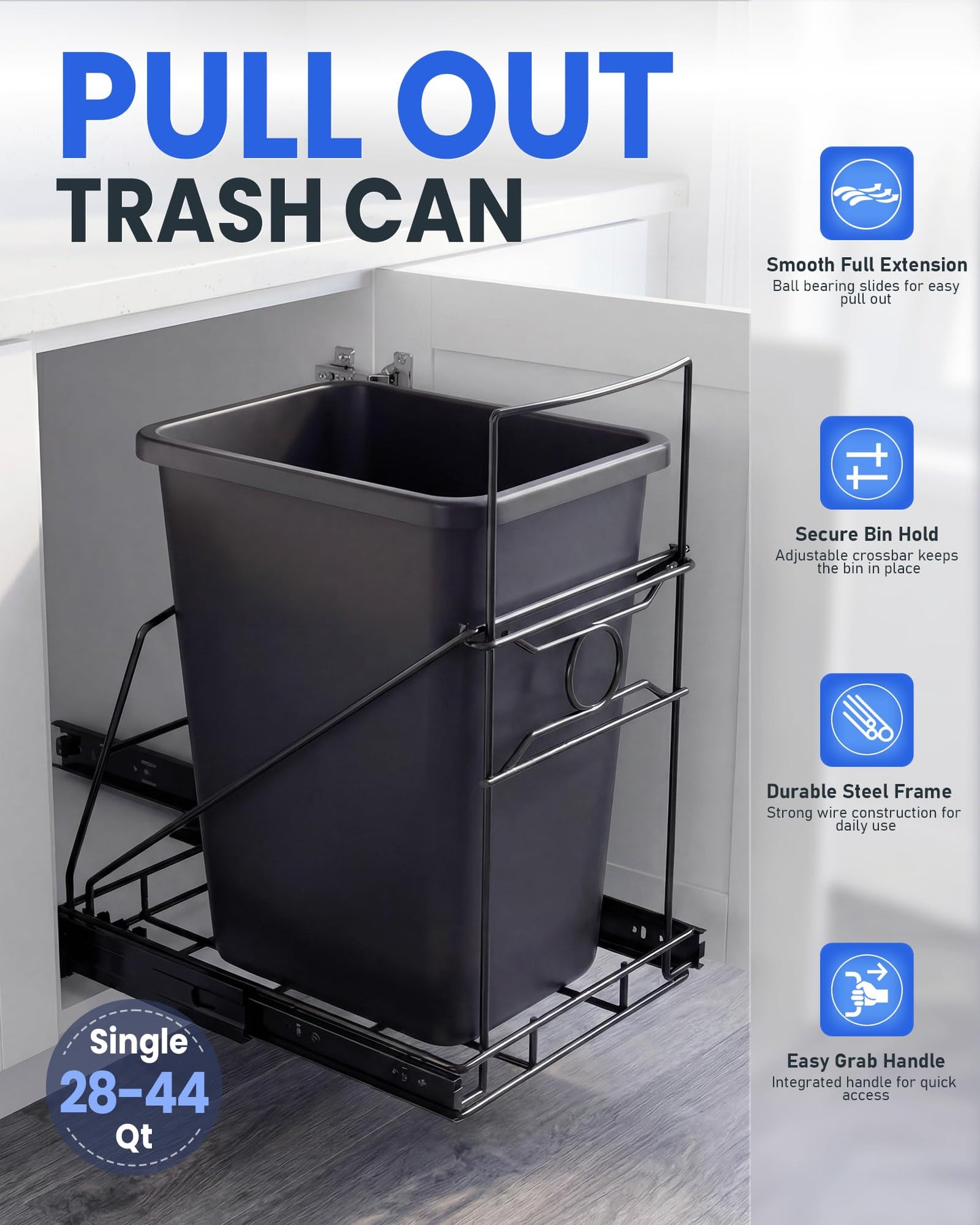 SOCONT Pull Out Trash Can Under Cabinet Adjustable Trash Can Holder for 7 to 11 Gallon Bin Bottom Mount Slide Out Trash Rack for Narrow Cabinets(Black, No Bin Included)