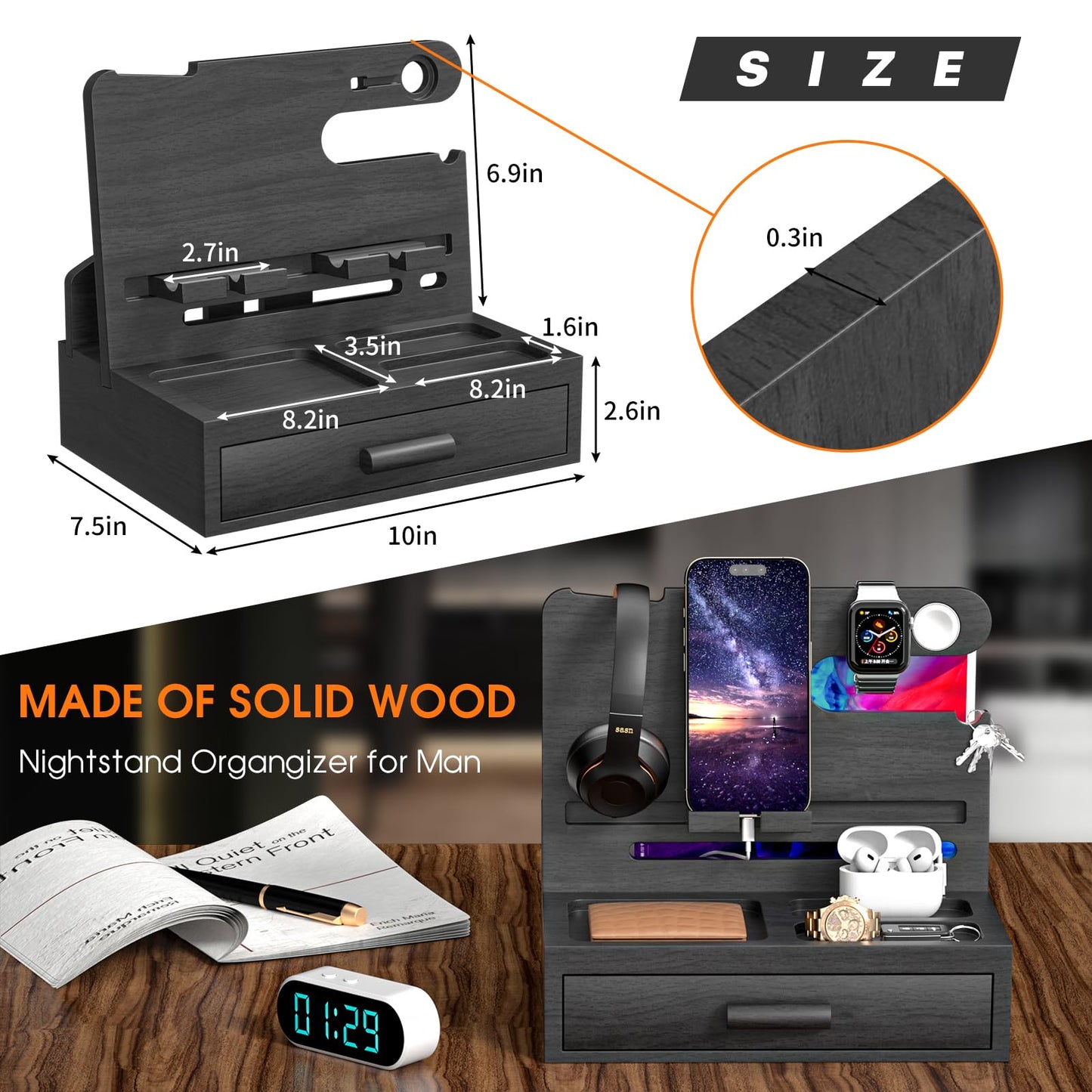 melafa365 Nightstand Organizer for Men,Phone Docking Station with Cable Management,Night Stand with Drawer,Bedside Organizer for Watches,Keys,Wallets,Gifts for Men（Black）