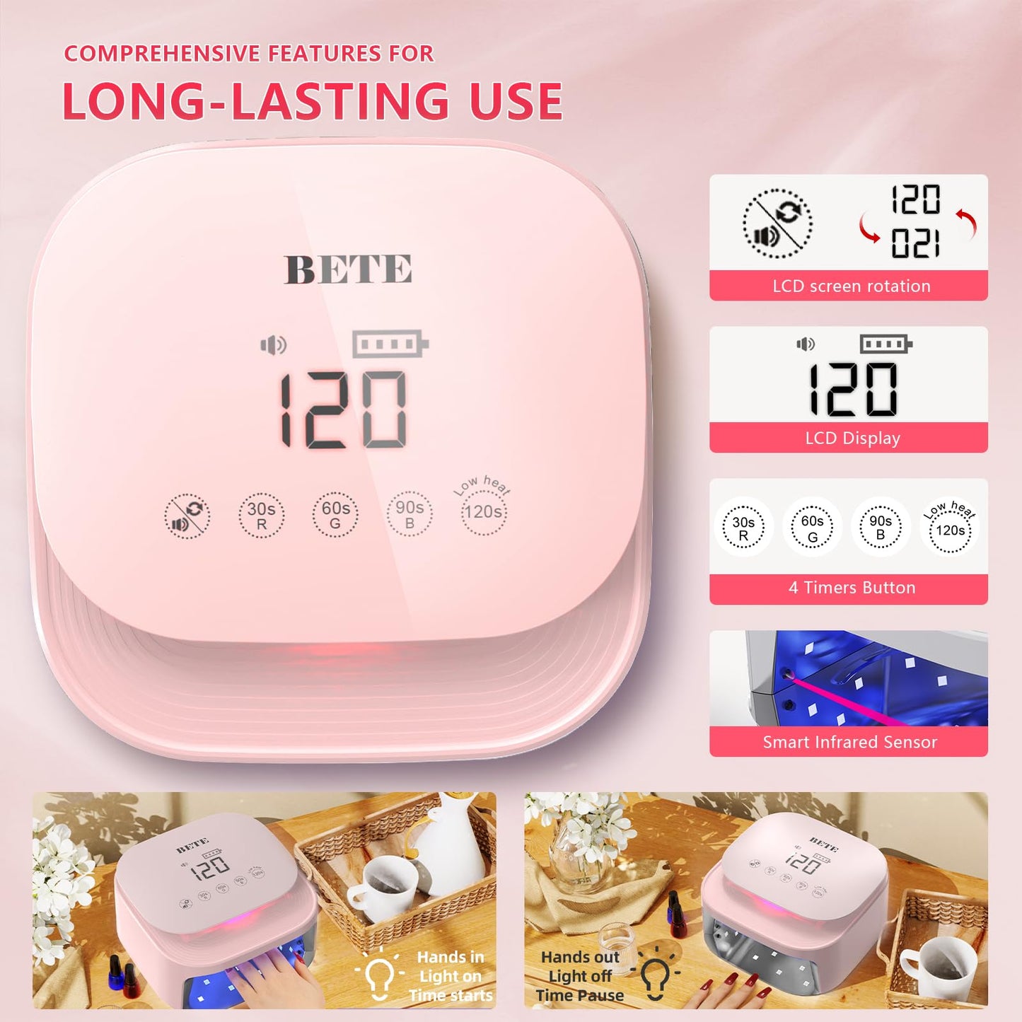 BETE 60W Cordless UV LED Nail Lamp - Rechargeable Gel Polish Dryer with Auto Sensor, 30 Beads & 4 Timer Settings Portable for Home/Salon Pink