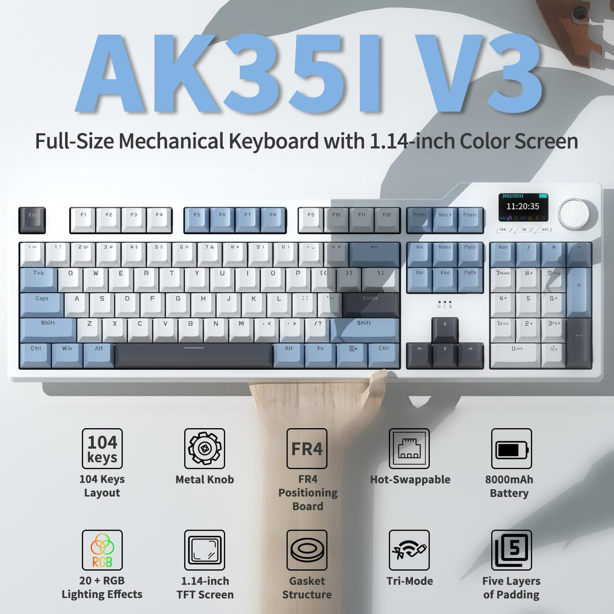 DAIDAI×AJAZZ AK35I V3 Full Size Hot Swap Mechanical Gaming Keyboard with Screen & Knob 2.4G/BT/USB-C Gasket Keyboard FR4 Plate 8000mAh Battery South Facing LED RGB (Avocado Axis)