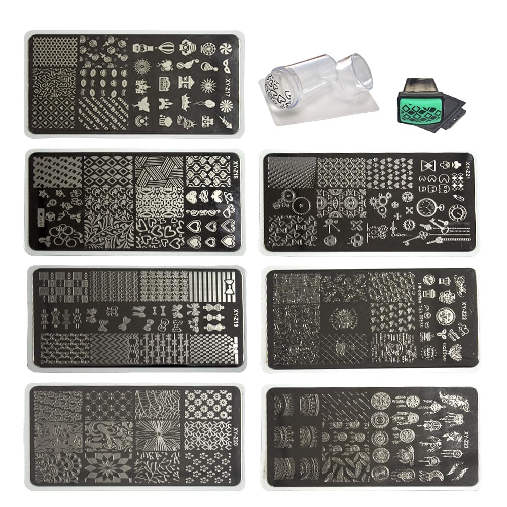 Beauty Leader Nail Art Stamping Template Mix Design 7Pcs Image Plates with White Plastic Plate Holder+1 Pcs Square Rubber Stamper DIY Nail Art Image Stamp Plate(17-23)