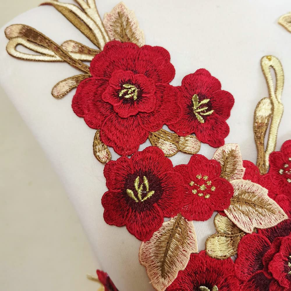 2pcs Beautiful Embroidered Flower Sewing On Patches Accessories Repair Decoration Appliques (Red A)