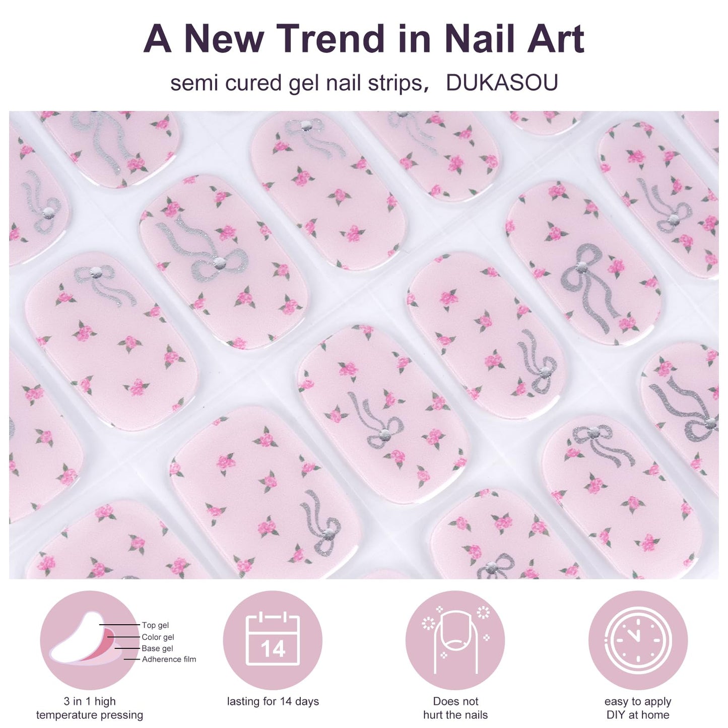 DUKASOU Semi Cured Gel Nail Strips,28 pcs Cute Bows Gel Nail Stickers with UV Light Required,Long Lasting Nail Art Stickers, Easy to Apply（Pink）
