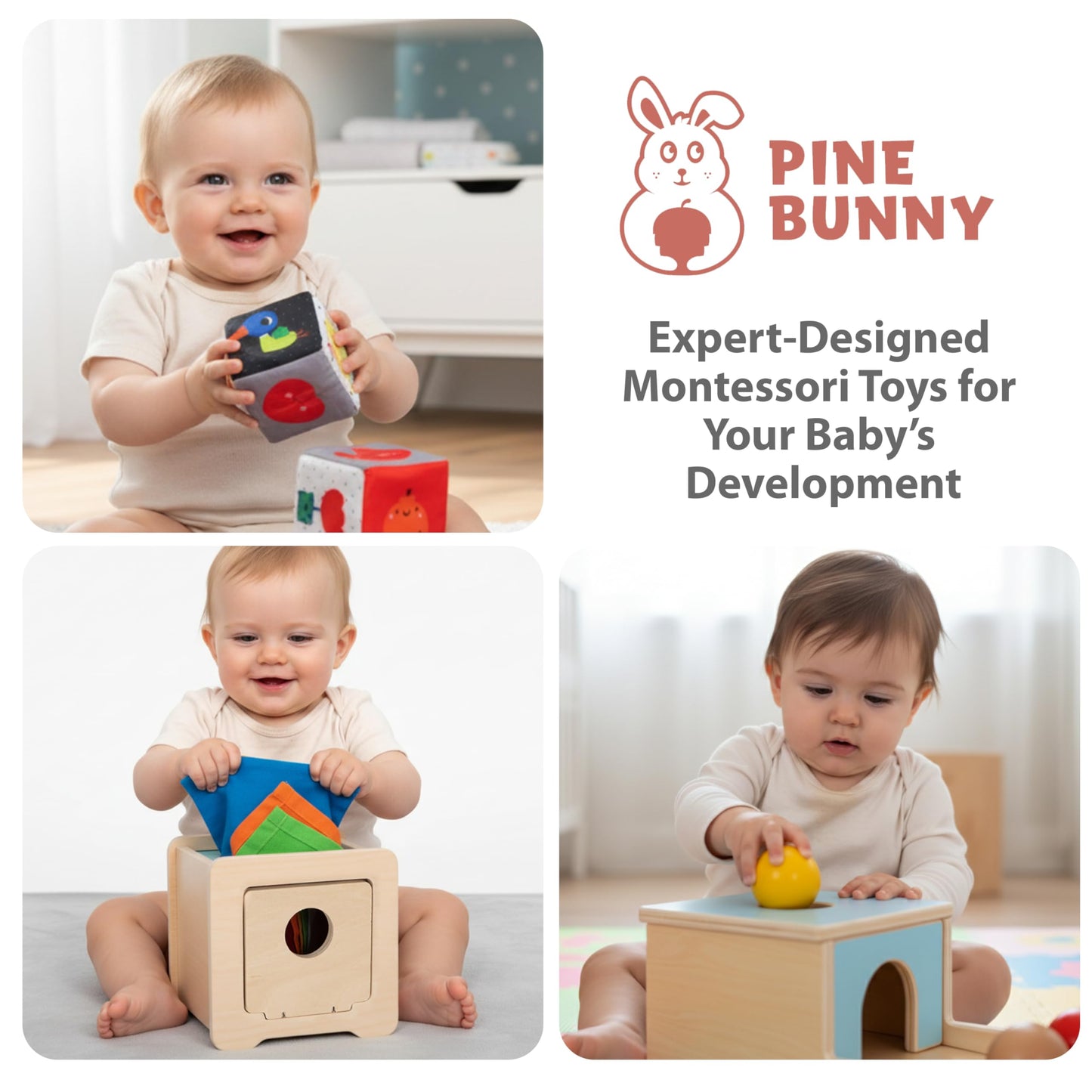 Pine Bunny Montessori Wooden 10-in-1 Toy Set for 7+ Months, Object Permanence Box, Egg and Cup, Tissue Box, Fabric Blocks, Scarf, Educational Learning Sensory Development Fine Motor Skills Baby Toys
