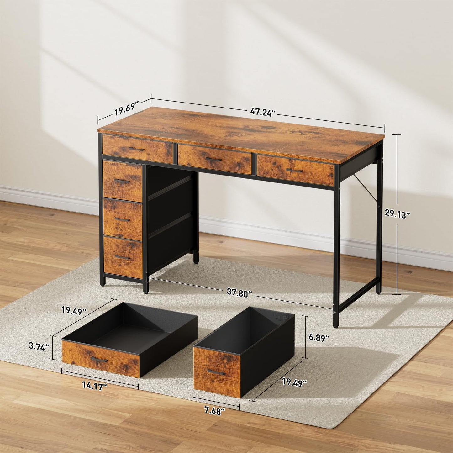 HLDIRECT 47" Computer Desk with 6 Drawers, Home Office Desk with Large Storage for Home Office,Gaming,Writing Study,Work (Brown)