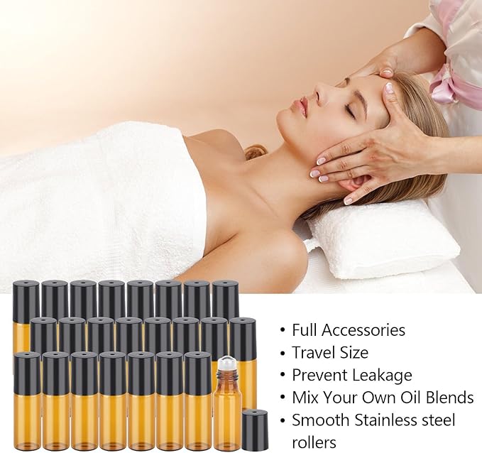 200 Pack Essential Oil Roller Bottles, Amber Glass Roller Bottles 5ml, Roller Balls for Essential Oils, Roll on Bottles (768 Pieces Labels, 32 Funnels, 32 Dropper, 16 Opener)